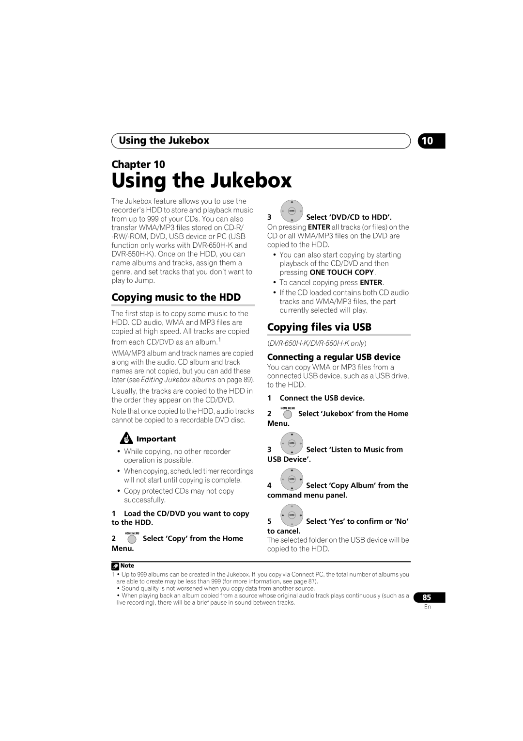 Pioneer DVR-650H-K operating instructions Using the Jukebox Chapter, Copying music to the HDD, Select ‘DVD/CD to HDD’ 