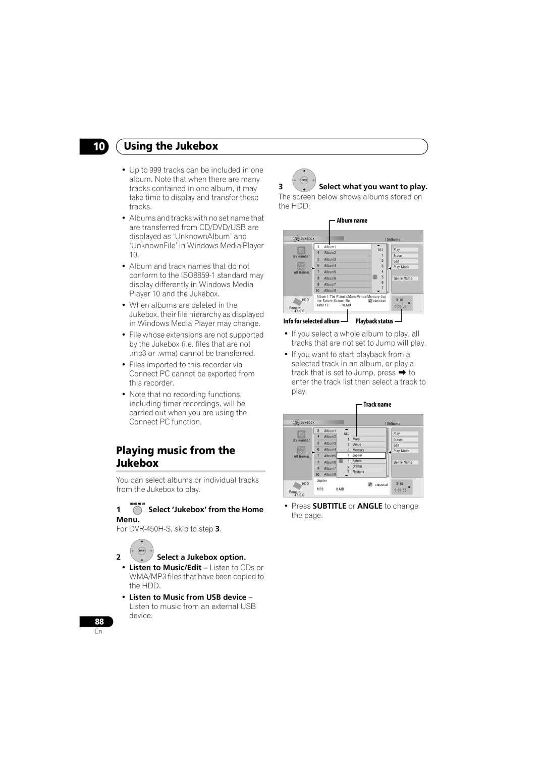 Pioneer DVR-650H-K Playing music from Jukebox, For DVR-450H-S, skip to step, Press Subtitle or Angle to change, Album name 