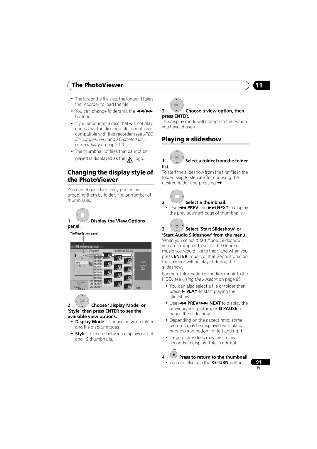 Pioneer DVR-650H-K operating instructions Changing the display style of the PhotoViewer, Playing a slideshow 