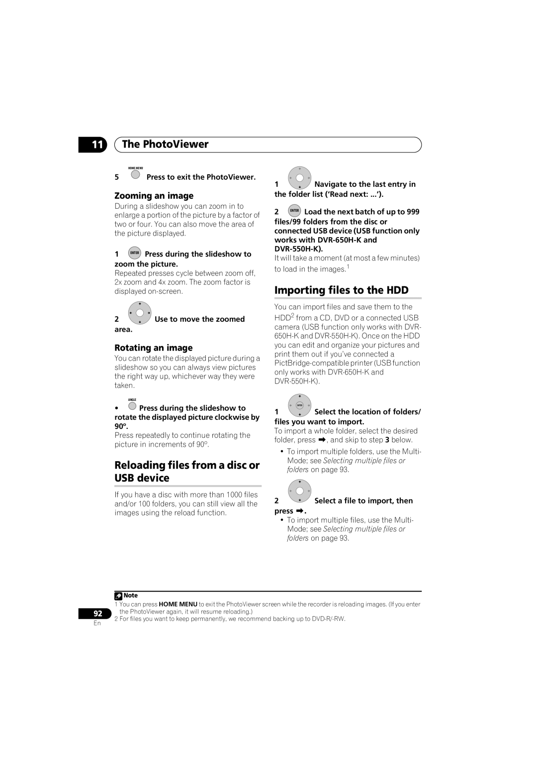 Pioneer DVR-650H-K Reloading files from a disc or USB device, Importing files to the HDD, Zooming an image 