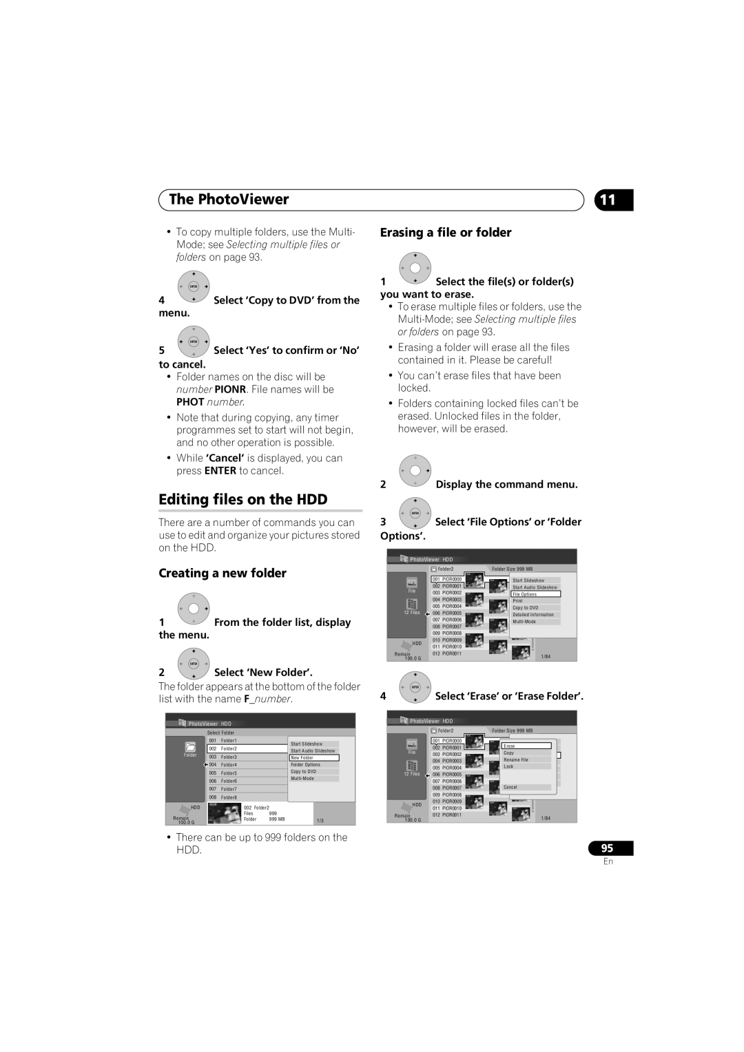 Pioneer DVR-650H-K operating instructions Editing files on the HDD, Creating a new folder, Erasing a file or folder 