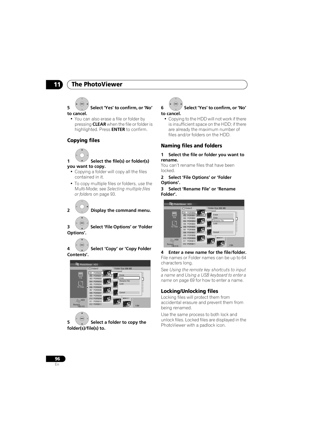 Pioneer DVR-650H-K operating instructions Copying files, Naming files and folders, Locking/Unlocking files 