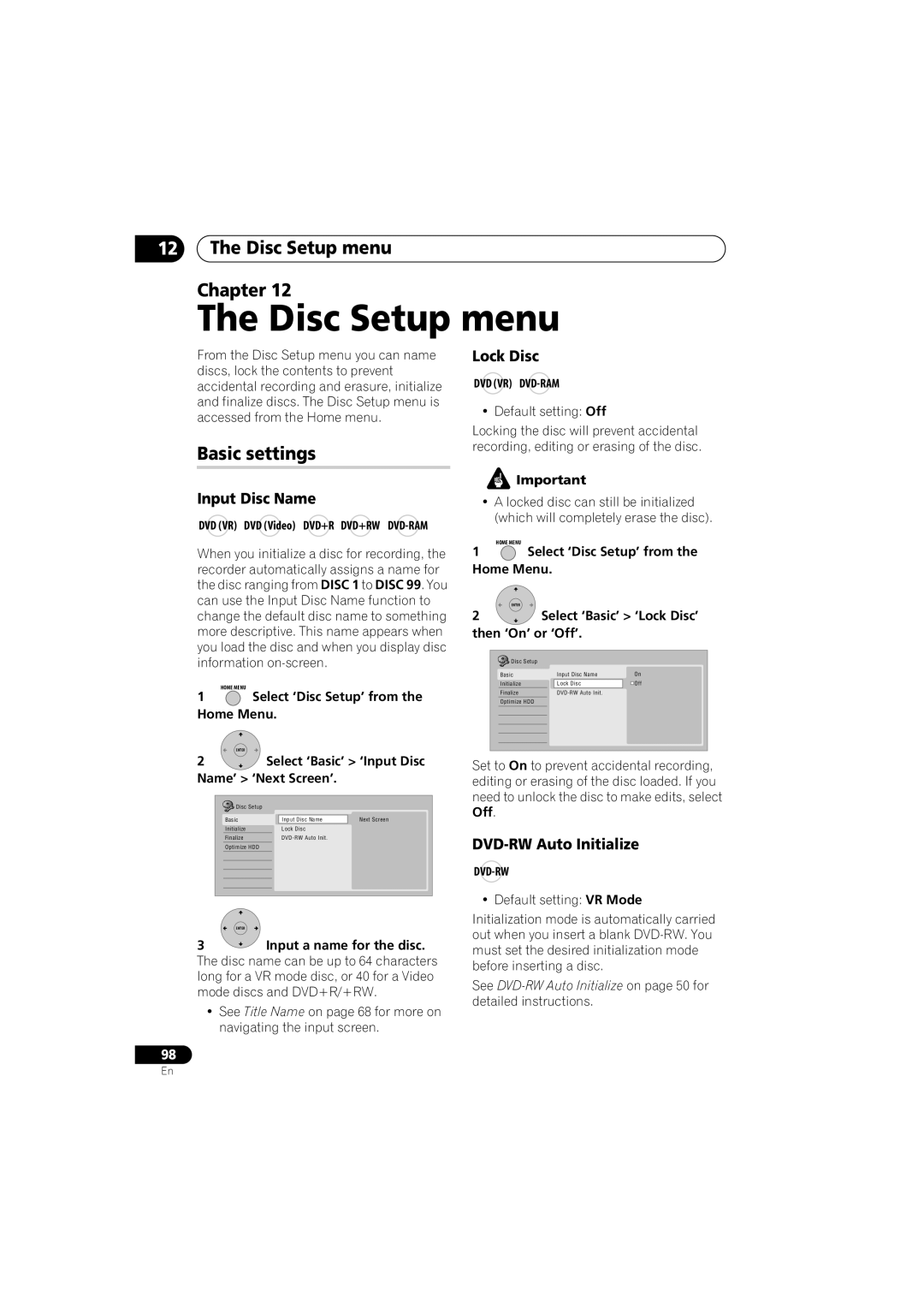 Pioneer DVR-650H-K operating instructions Disc Setup menu Chapter, Basic settings 