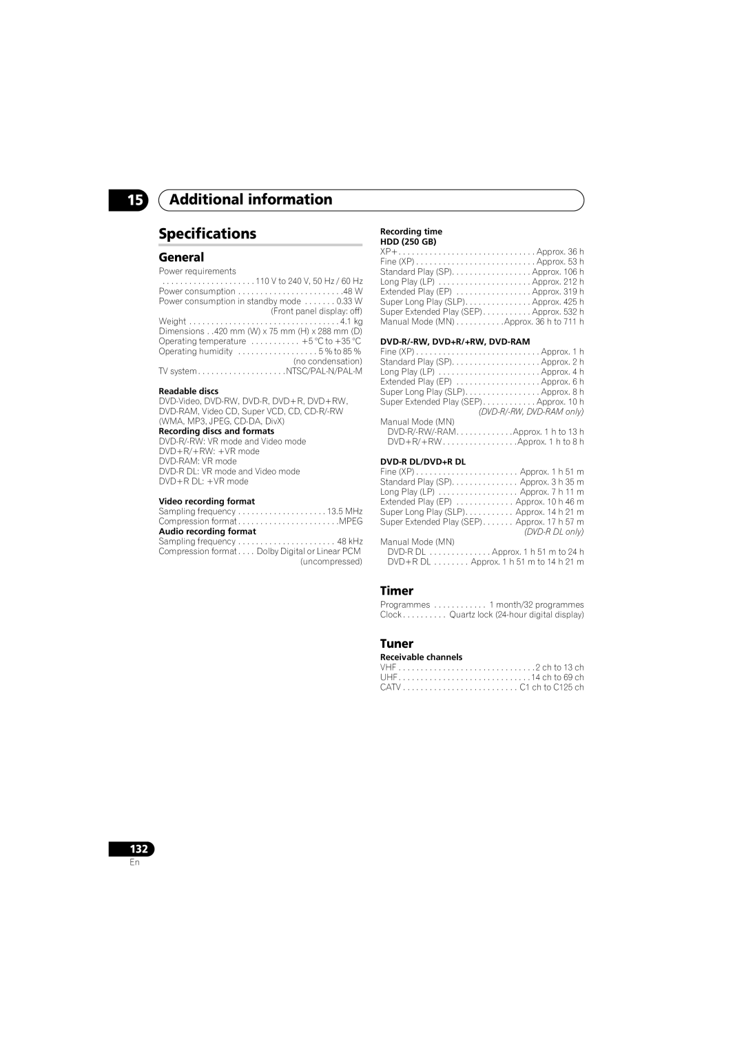 Pioneer DVR-650H-S manual Additional information Specifications, Timer, Tuner 