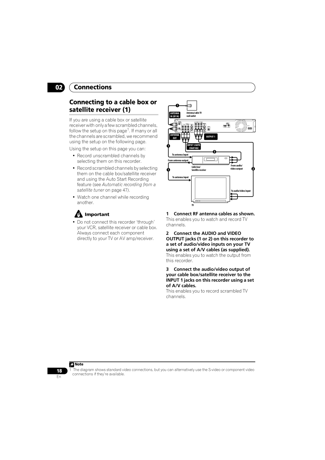 Pioneer DVR-650H-S manual Connections Connecting to a cable box or satellite receiver, Satellite tuner on 