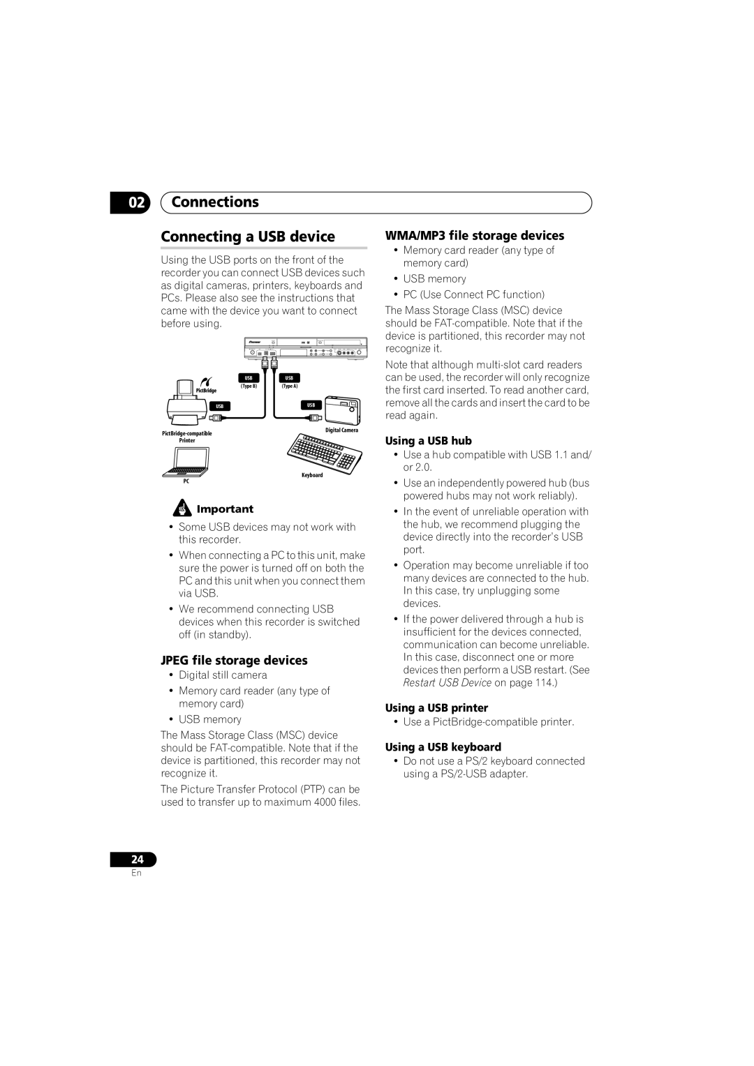 Pioneer DVR-650H-S manual Connections Connecting a USB device, Jpeg file storage devices, WMA/MP3 file storage devices 