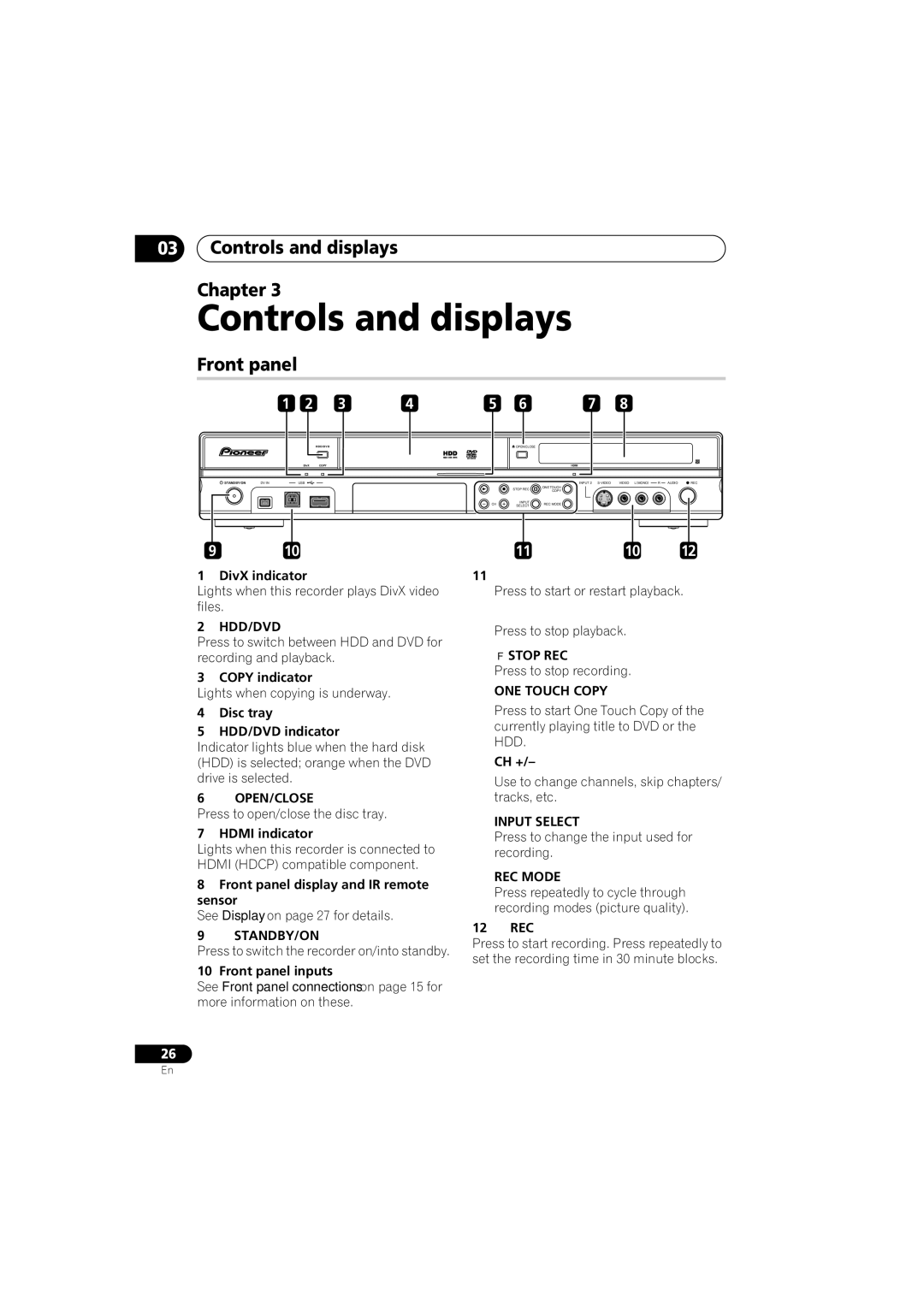 Pioneer DVR-650H-S manual Controls and displays Chapter, Front panel 