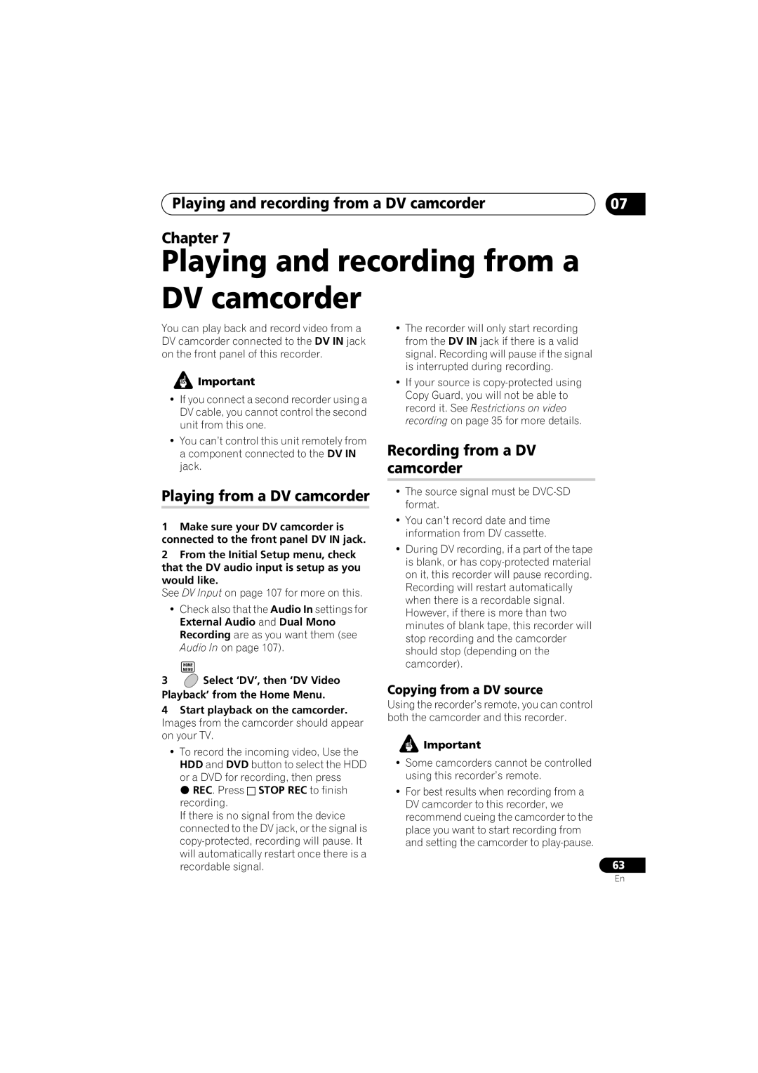 Pioneer DVR-650H-S manual Playing and recording from a DV camcorder Chapter, Playing from a DV camcorder 