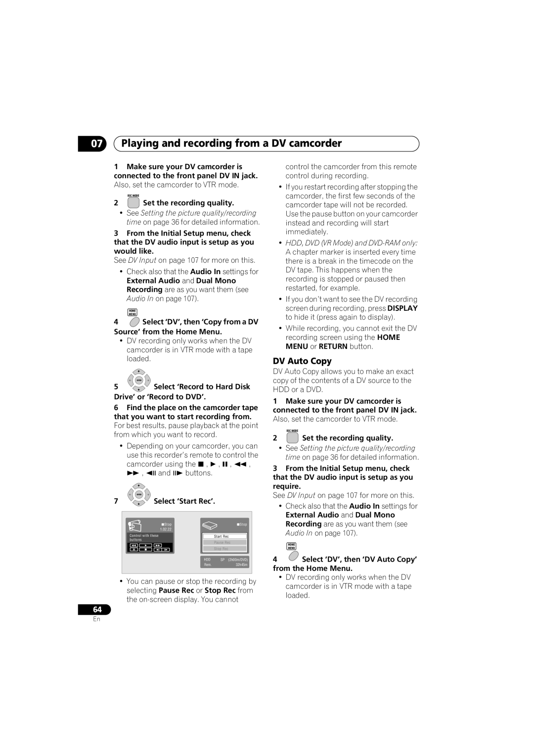 Pioneer DVR-650H-S manual Playing and recording from a DV camcorder, DV Auto Copy, Select ‘Start Rec’ 