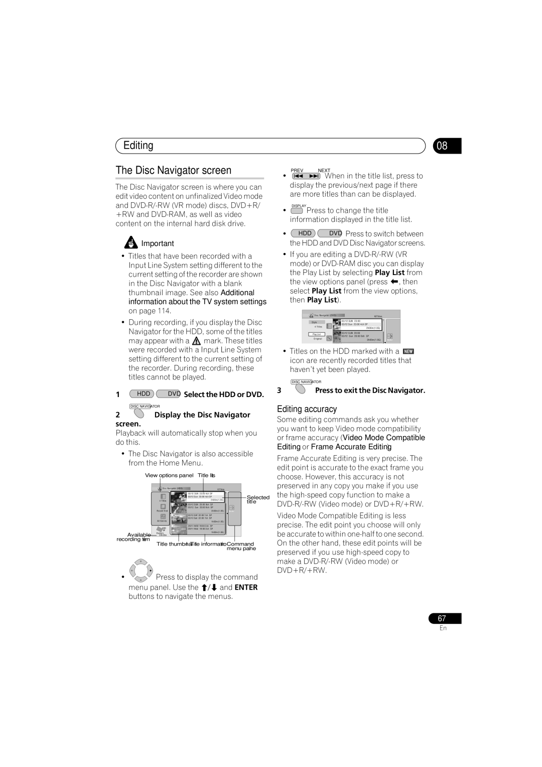 Pioneer DVR-650H-S Editing Disc Navigator screen, Editing accuracy, DVD Select the HDD or DVD, Display the Disc Navigator 