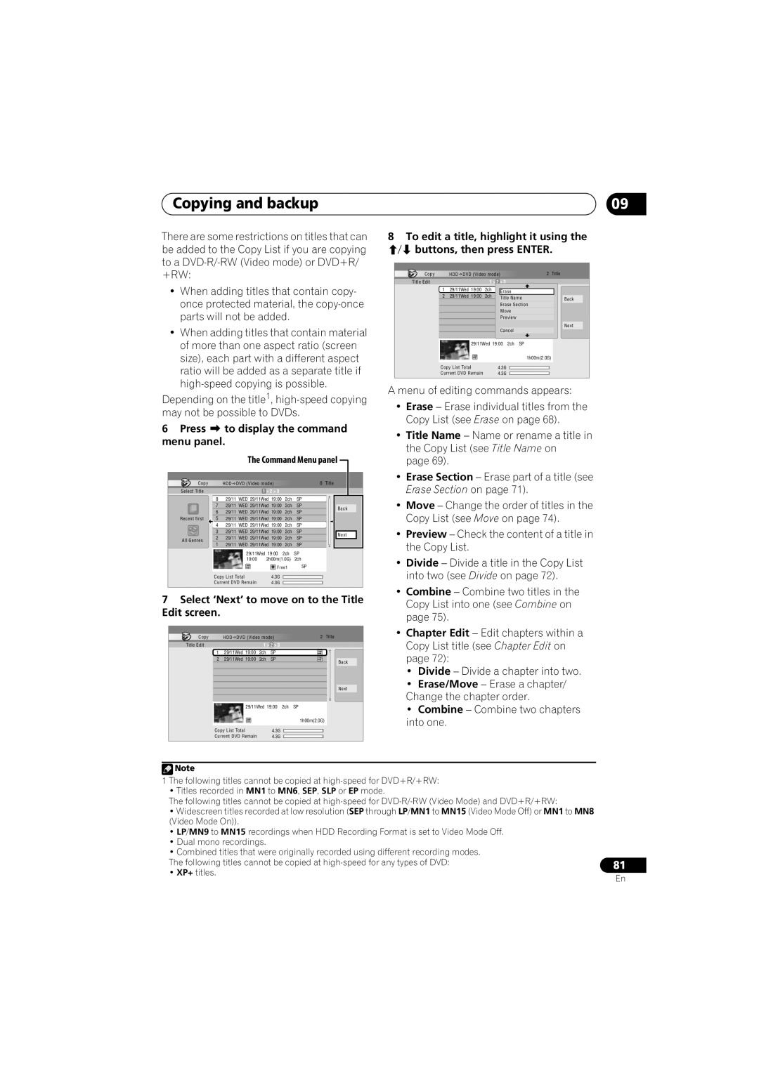 Pioneer DVR-650H-S manual Command Menu panel 