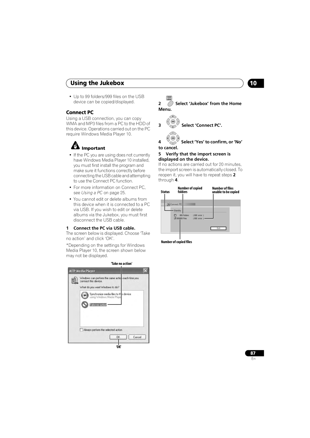 Pioneer DVR-650H-S manual Using the Jukebox, Connect the PC via USB cable, Select ‘Connect PC’ 