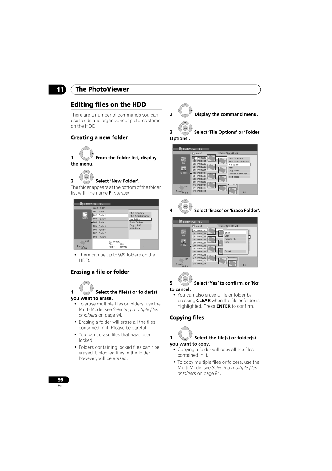 Pioneer DVR-650H-S PhotoViewer Editing files on the HDD, Creating a new folder, Erasing a file or folder, Copying files 