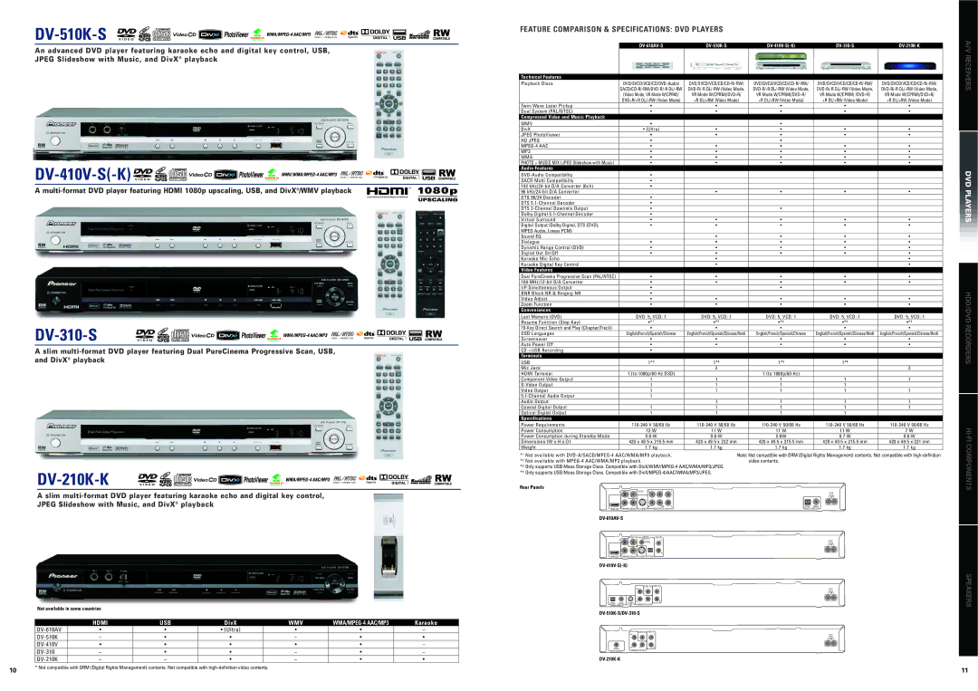 Pioneer DVR-660H-S DV-510K-S, DV-310-S, DV-210K-K, Feature Comparison & Specifications DVD Players, WMA/MPEG-4 AAC/MP3 