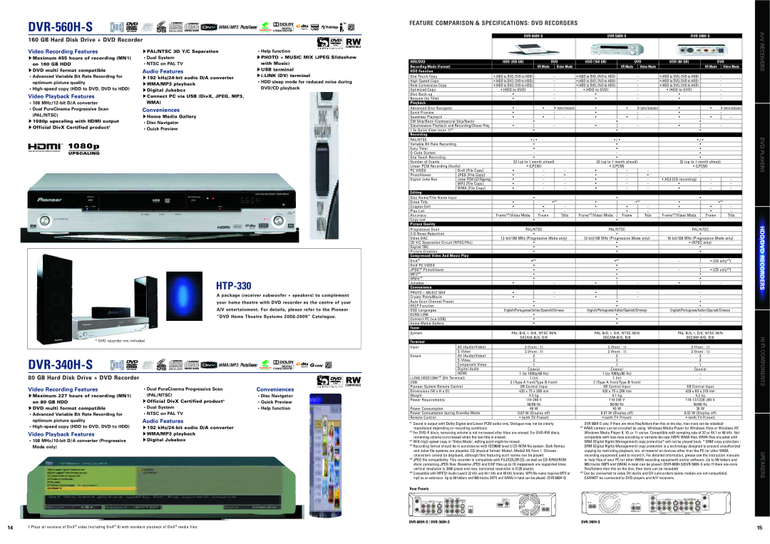 Pioneer DVR-340H-S, DVR-660H-S specifications DVR-560H-S, Feature Comparison & Specifications DVD Recorders, Hdd/Dvd 