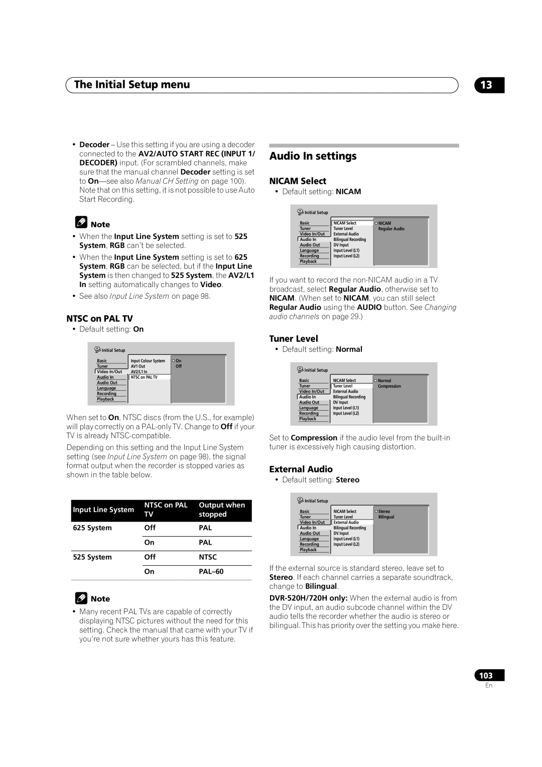 Pioneer DVR-520H, DVR-720H manual Audio In settings, Ntsc on PAL TV, Nicam Select, Tuner Level, External Audio 