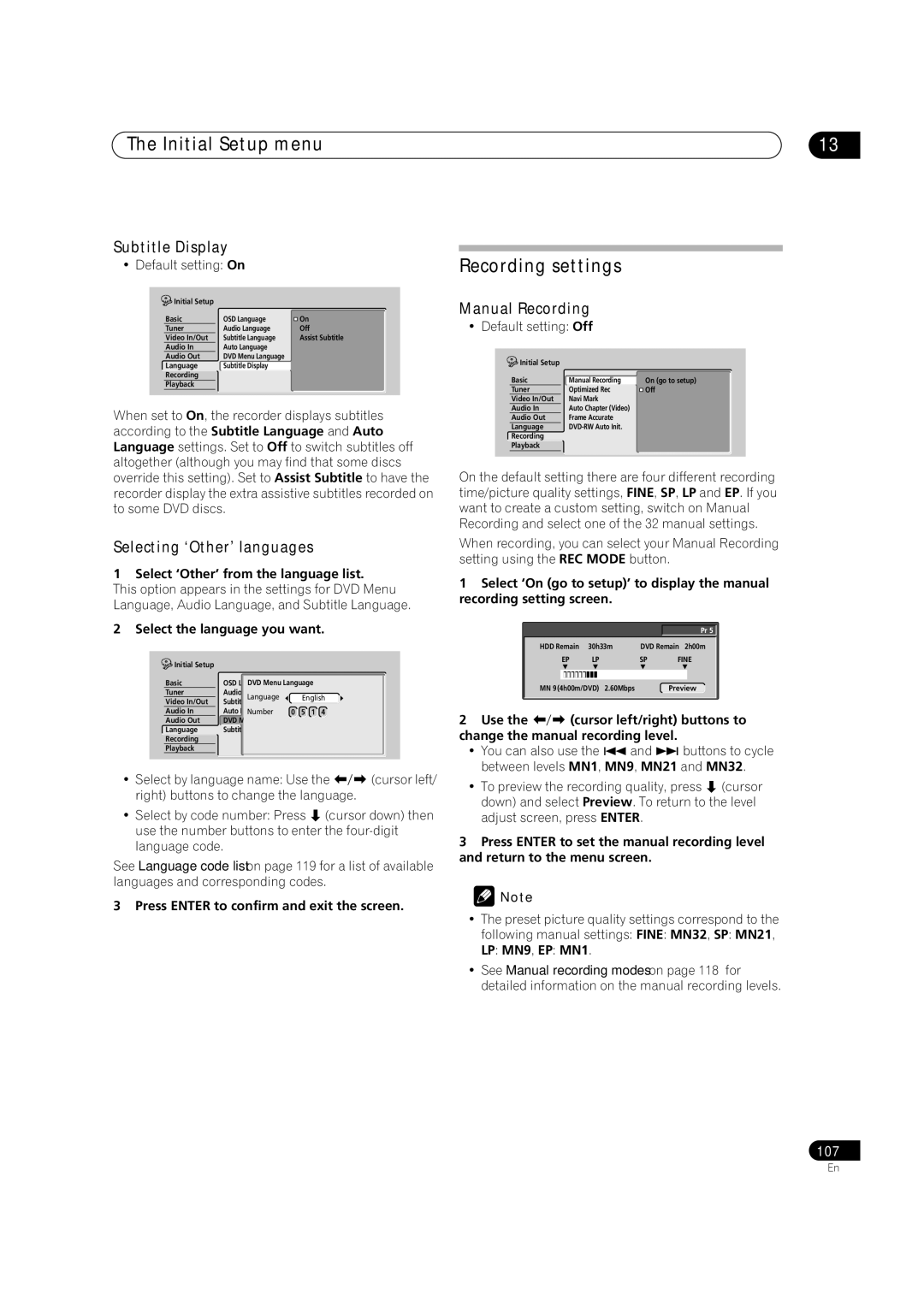 Pioneer DVR-520H, DVR-720H manual Recording settings, Subtitle Display, Selecting ‘Other’ languages, Manual Recording 