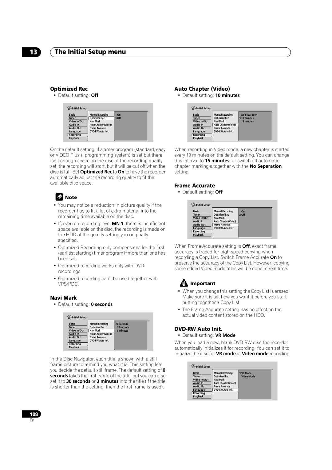 Pioneer DVR-720H, DVR-520H manual Optimized Rec, Navi Mark, Auto Chapter Video, Frame Accurate, DVD-RW Auto Init 