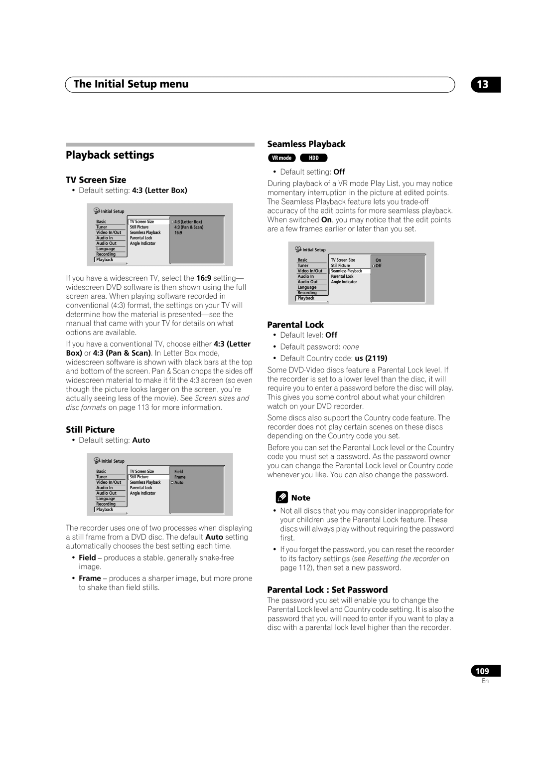 Pioneer DVR-520H, DVR-720H manual Initial Setup menu Playback settings 