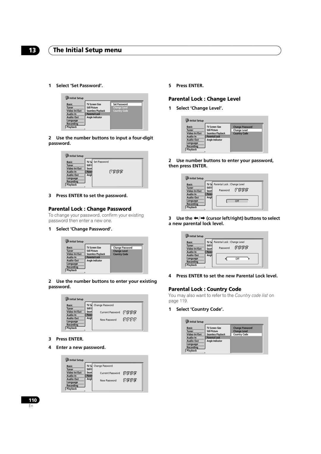 Pioneer DVR-720H, DVR-520H manual Parental Lock Change Password, Parental Lock Change Level, Parental Lock Country Code 
