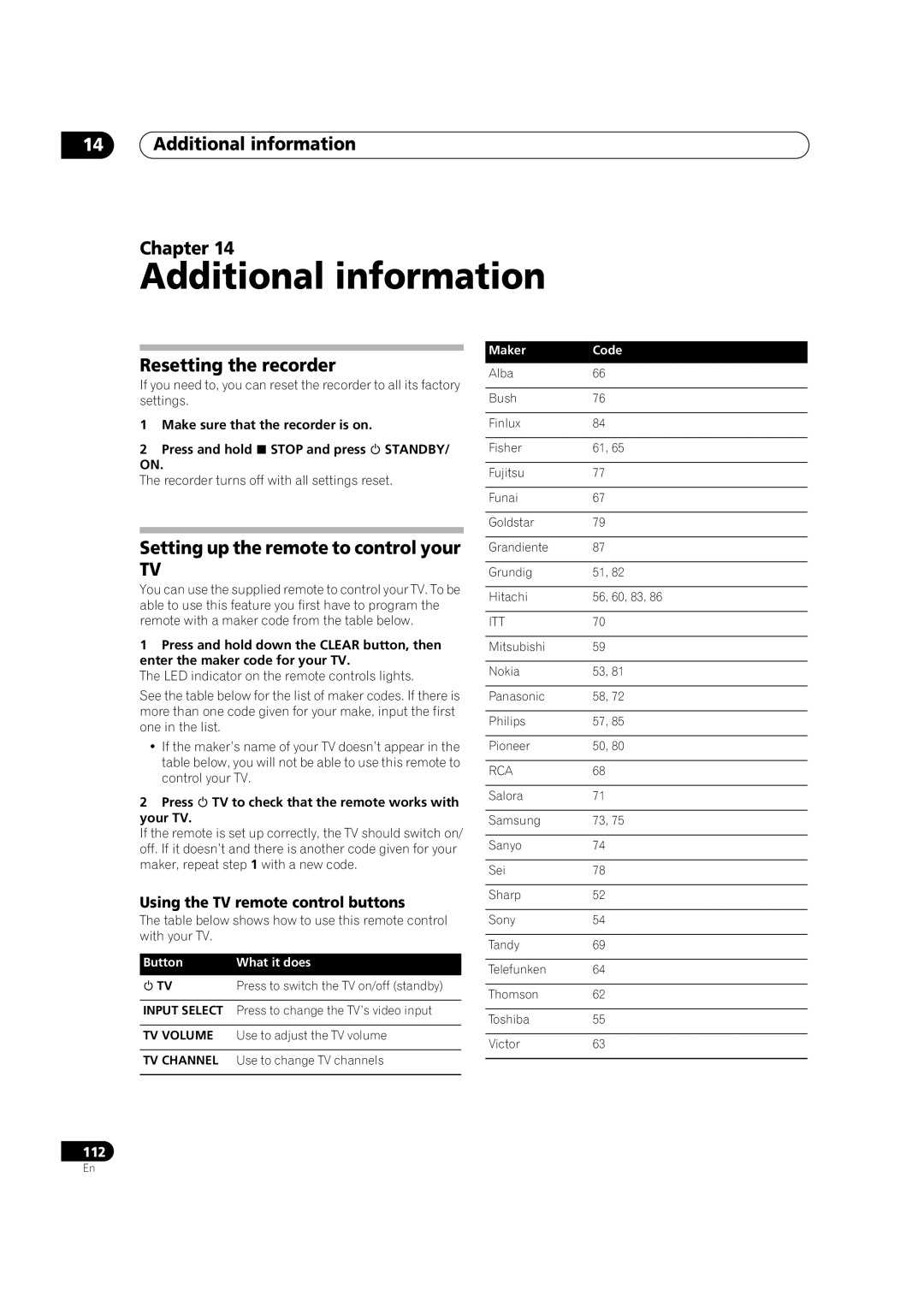 Pioneer DVR-720H manual Additional information Chapter, Resetting the recorder, Setting up the remote to control your 