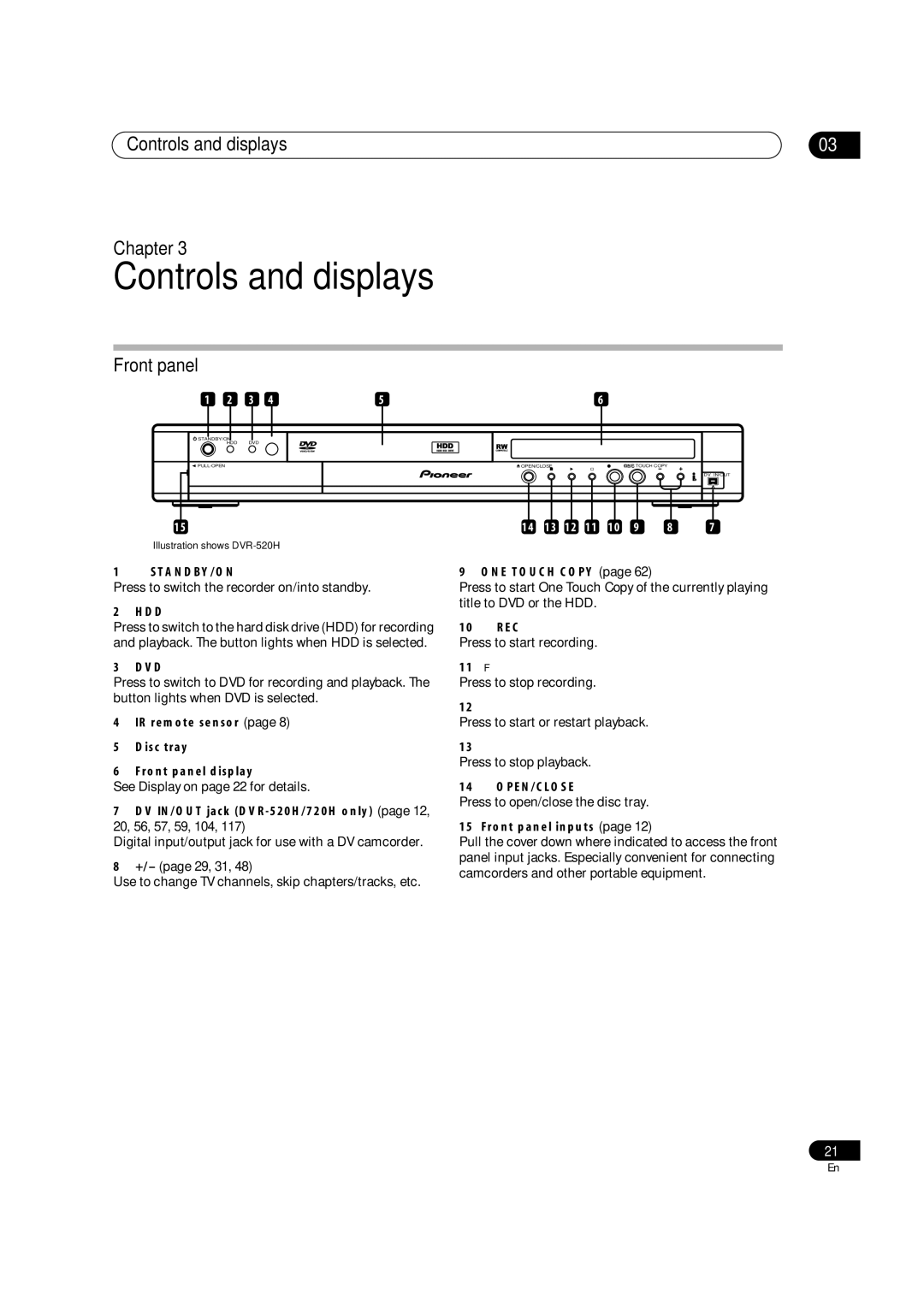 Pioneer DVR-520H, DVR-720H manual Controls and displays Chapter, Front panel 