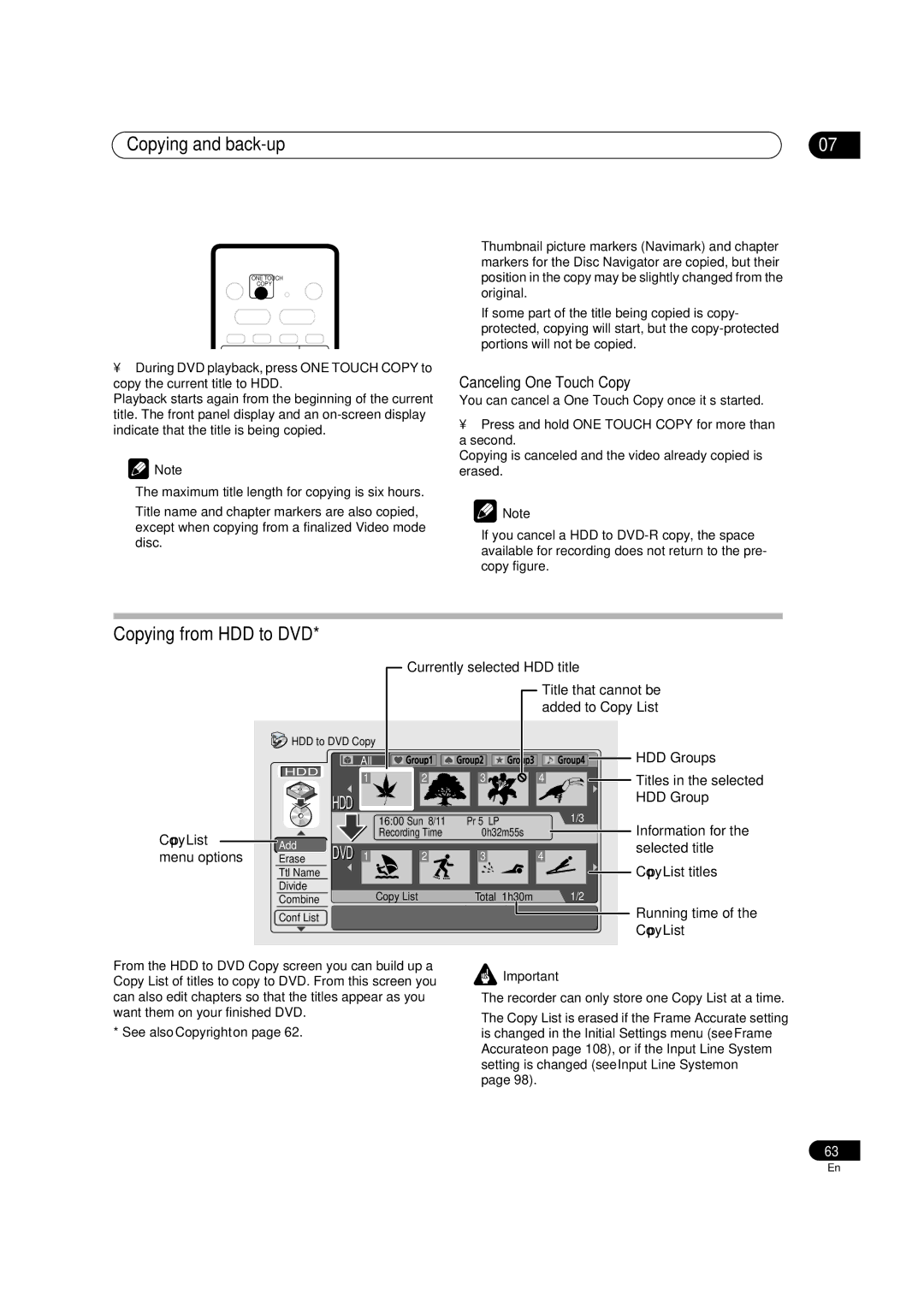 Pioneer DVR-520H, DVR-720H manual Copying from HDD to DVD, Canceling One Touch Copy 