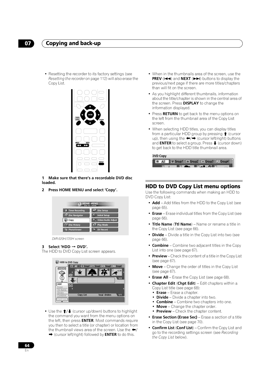 Pioneer DVR-720H, DVR-520H manual HDD to DVD Copy List menu options, Select ‘HDD DVD’, HDD to DVD Copy List screen appears 