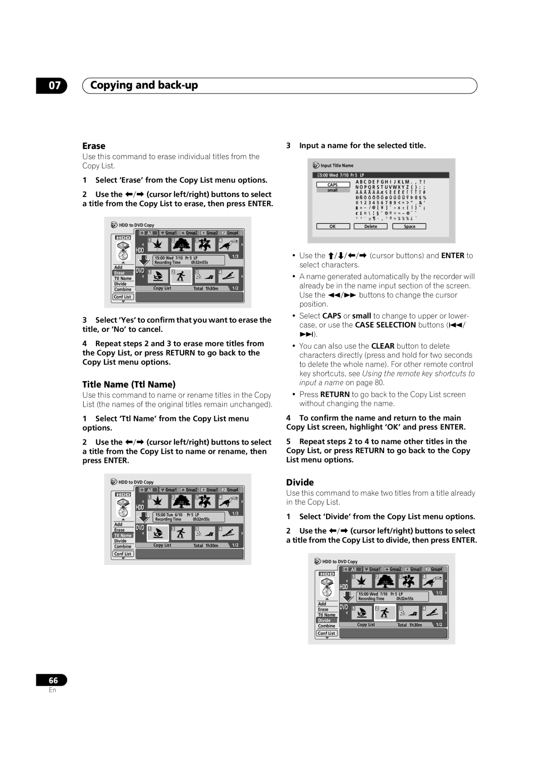 Pioneer DVR-720H, DVR-520H manual Title Name Ttl Name, Divide, Select ‘Erase’ from the Copy List menu options 