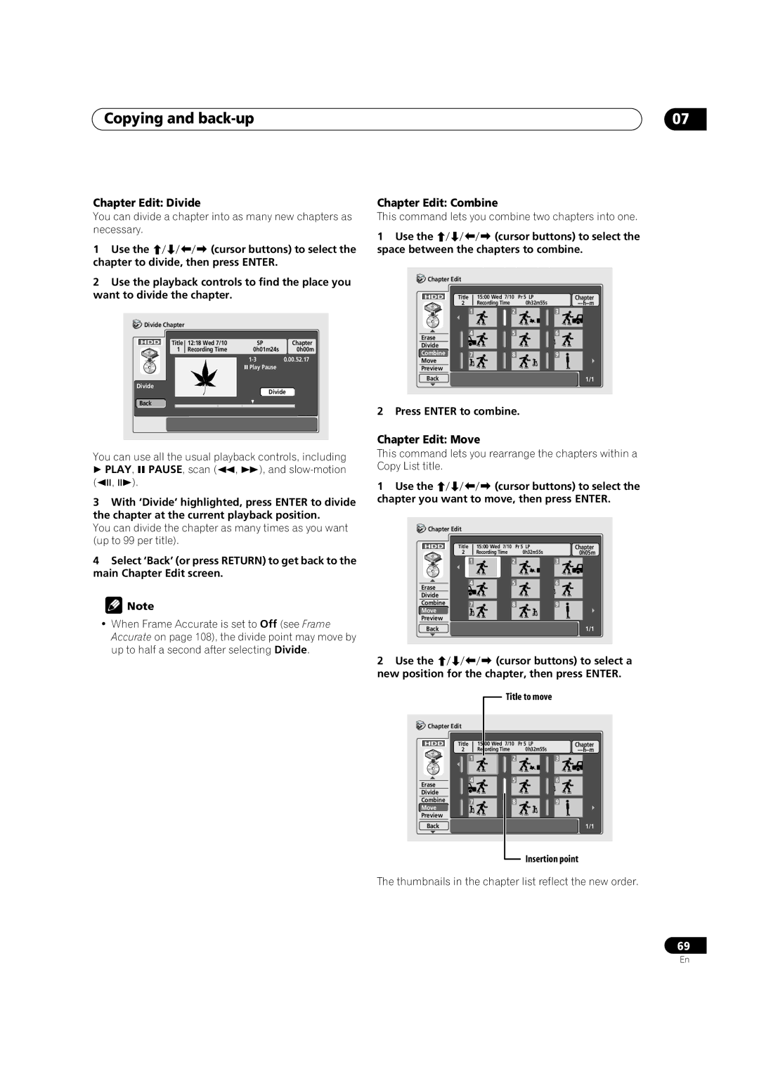 Pioneer DVR-520H, DVR-720H Chapter Edit Divide, Chapter Edit Combine, Chapter Edit Move, Use Cursor buttons to select a 