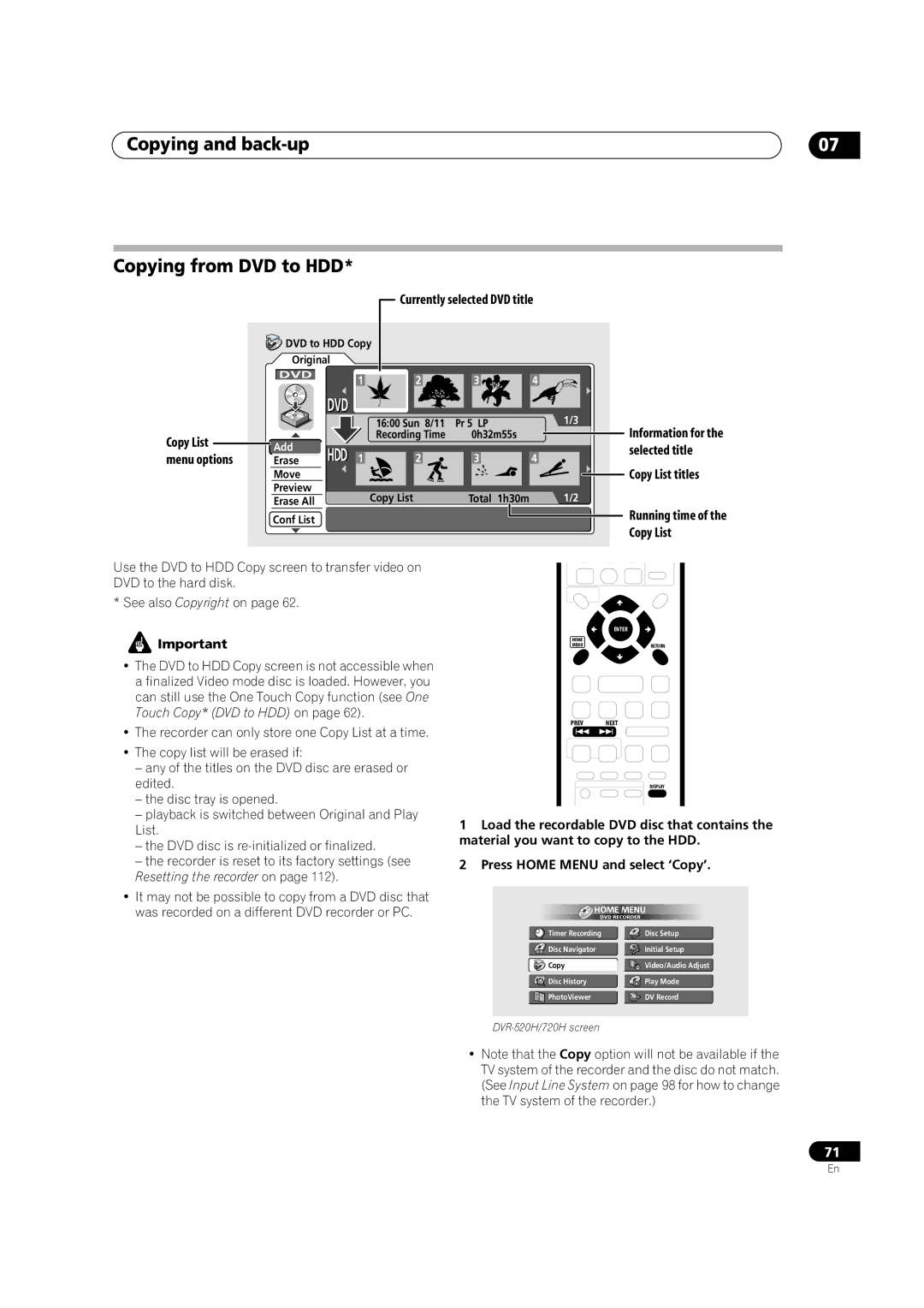 Pioneer DVR-520H manual Copying and back-up Copying from DVD to HDD, Currently selected DVD title, Running time Copy List 