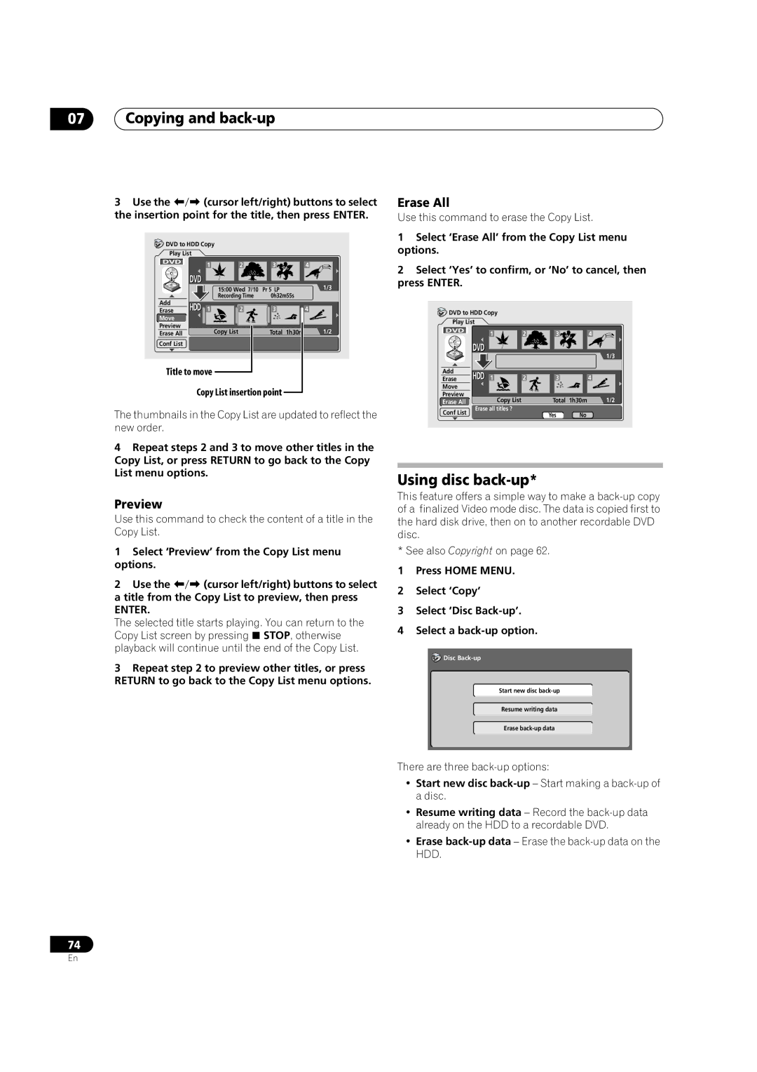 Pioneer DVR-720H, DVR-520H manual Using disc back-up, Title to move Copy List insertion point, Hdd 