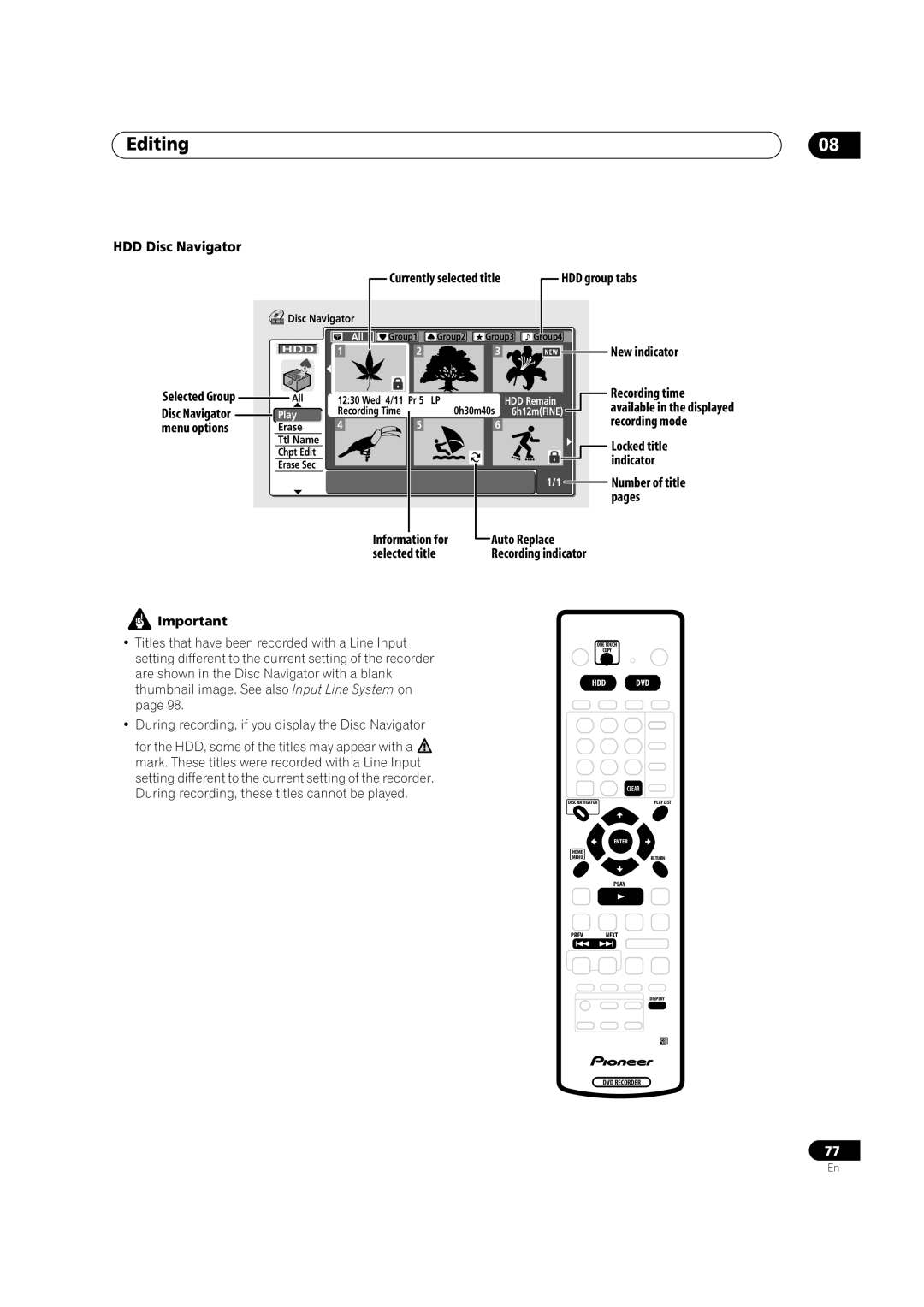 Pioneer DVR-520H, DVR-720H manual Editing, HDD Disc Navigator, HDD group tabs, Information for Auto Replace Selected title 