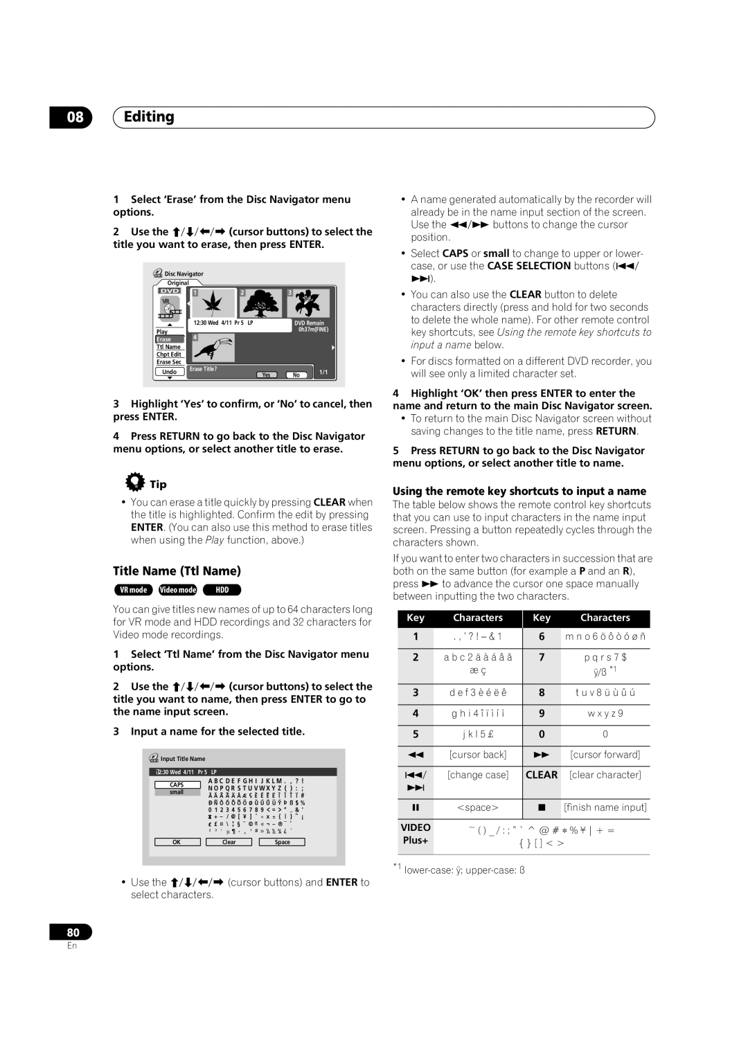 Pioneer DVR-720H, DVR-520H manual Using the remote key shortcuts to input a name, Key Characters, Video 