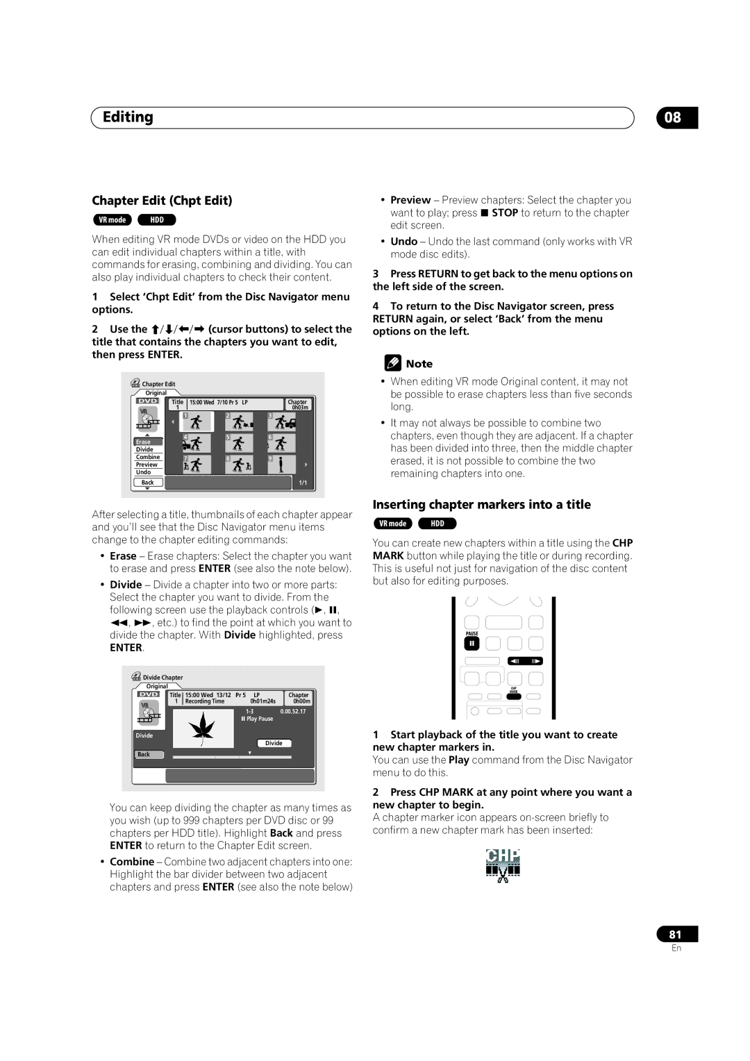 Pioneer DVR-520H, DVR-720H manual Inserting chapter markers into a title 