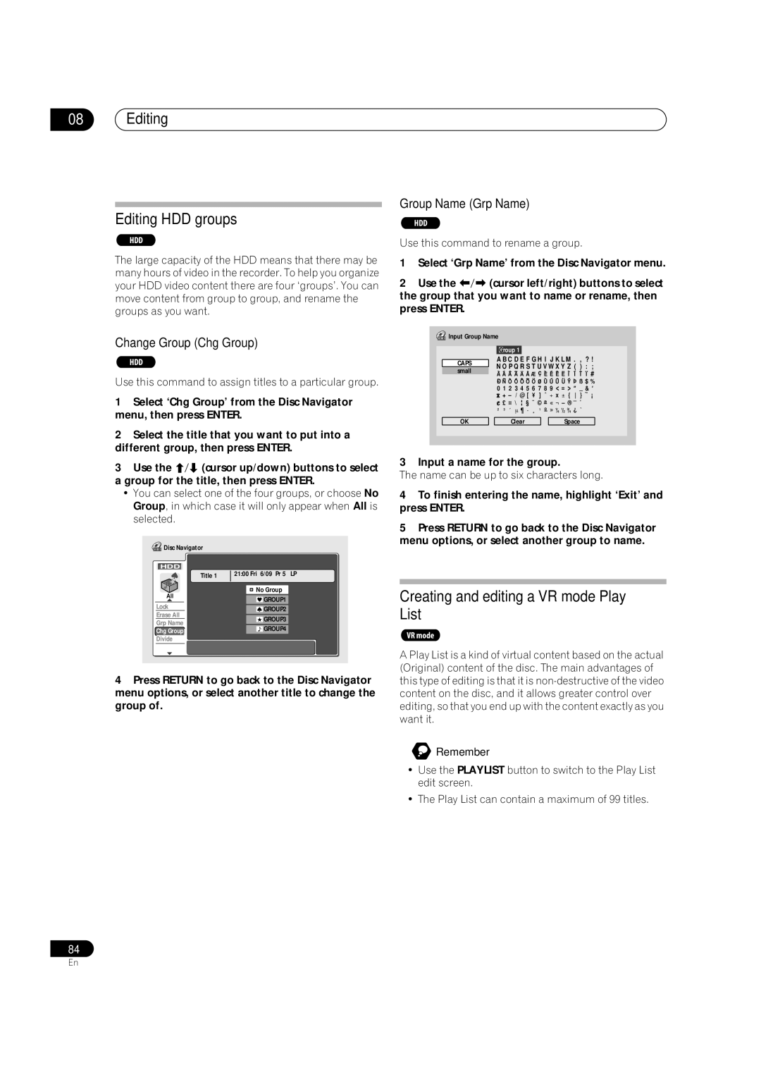 Pioneer DVR-720H, DVR-520H Editing Editing HDD groups, Creating and editing a VR mode Play List, Change Group Chg Group 