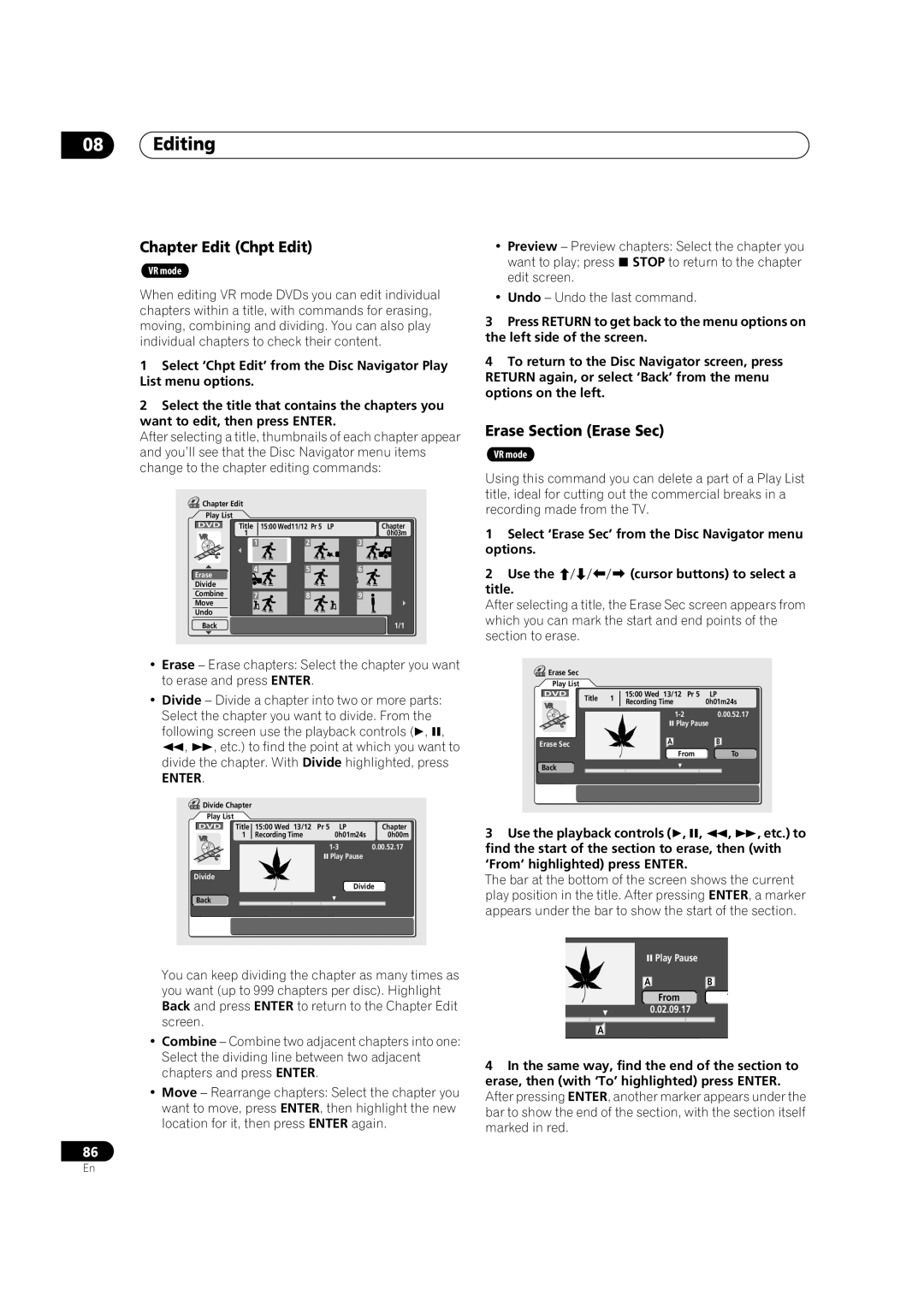 Pioneer DVR-720H, DVR-520H manual Chapter Edit Chpt Edit, After selecting a title, the Erase Sec screen appears from 