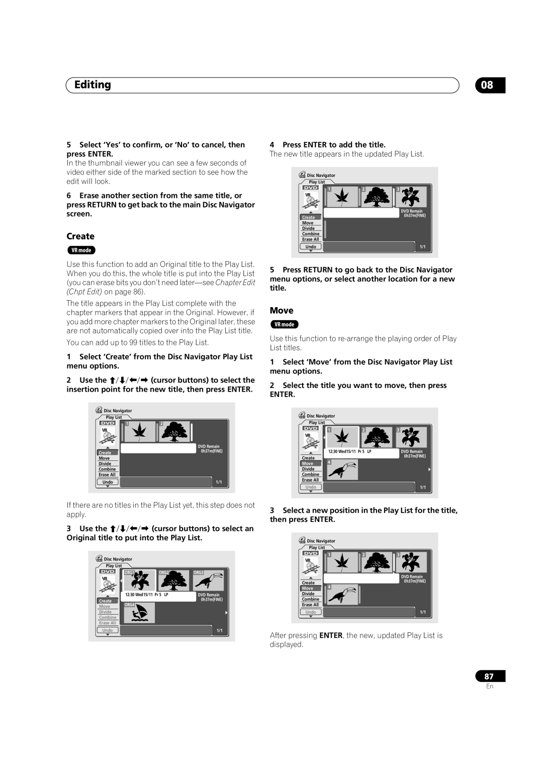 Pioneer DVR-520H, DVR-720H manual Create, Original title to put into the Play List, Press Enter to add the title 