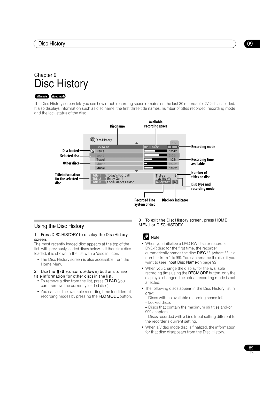 Pioneer DVR-520H, DVR-720H manual Disc History Chapter, Using the Disc History 