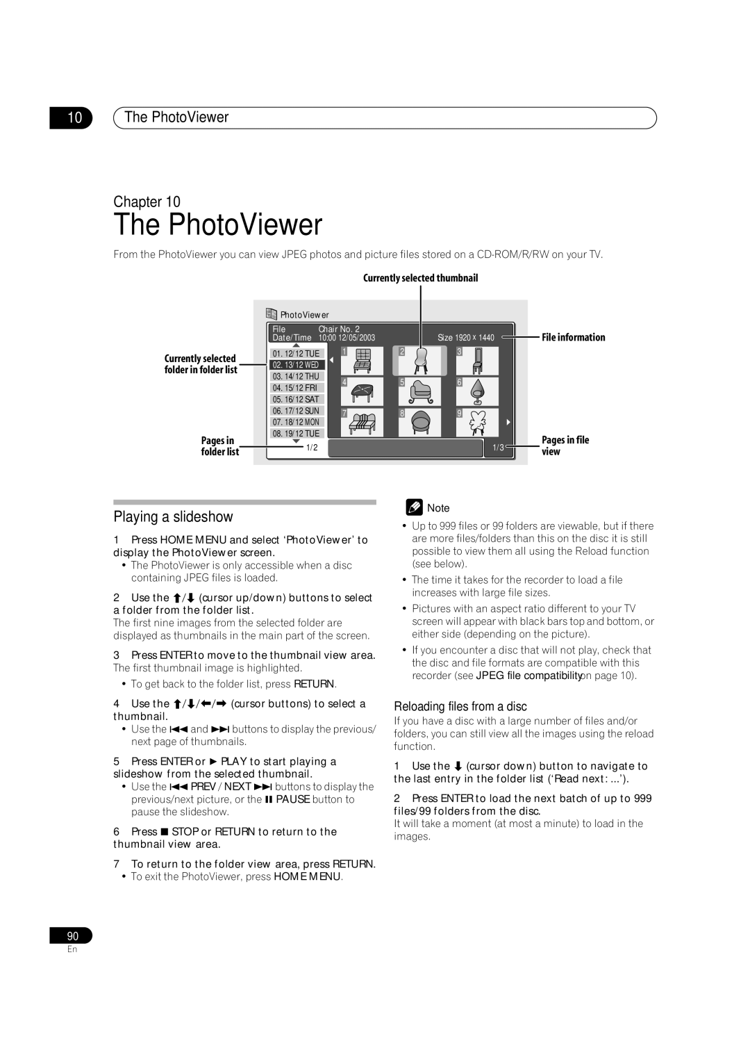 Pioneer DVR-720H, DVR-520H manual PhotoViewer Chapter, Playing a slideshow, Reloading files from a disc 