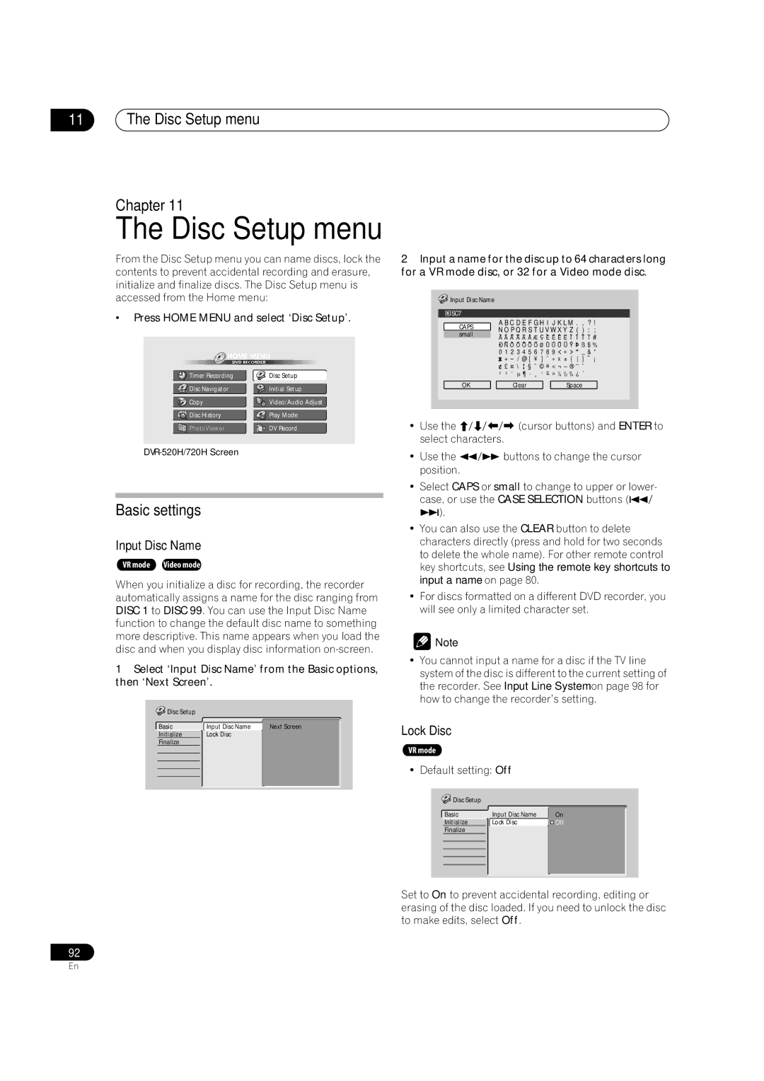 Pioneer DVR-720H, DVR-520H manual Disc Setup menu Chapter, Basic settings, Input Disc Name, Lock Disc 