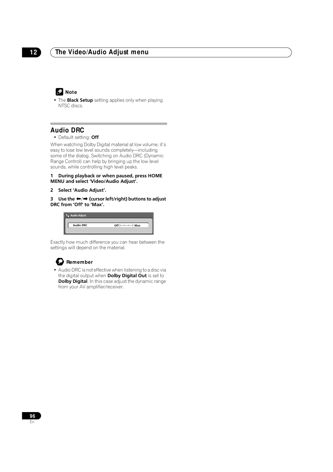 Pioneer DVR-720H, DVR-520H manual Audio DRC, Black Setup setting applies only when playing Ntsc discs 