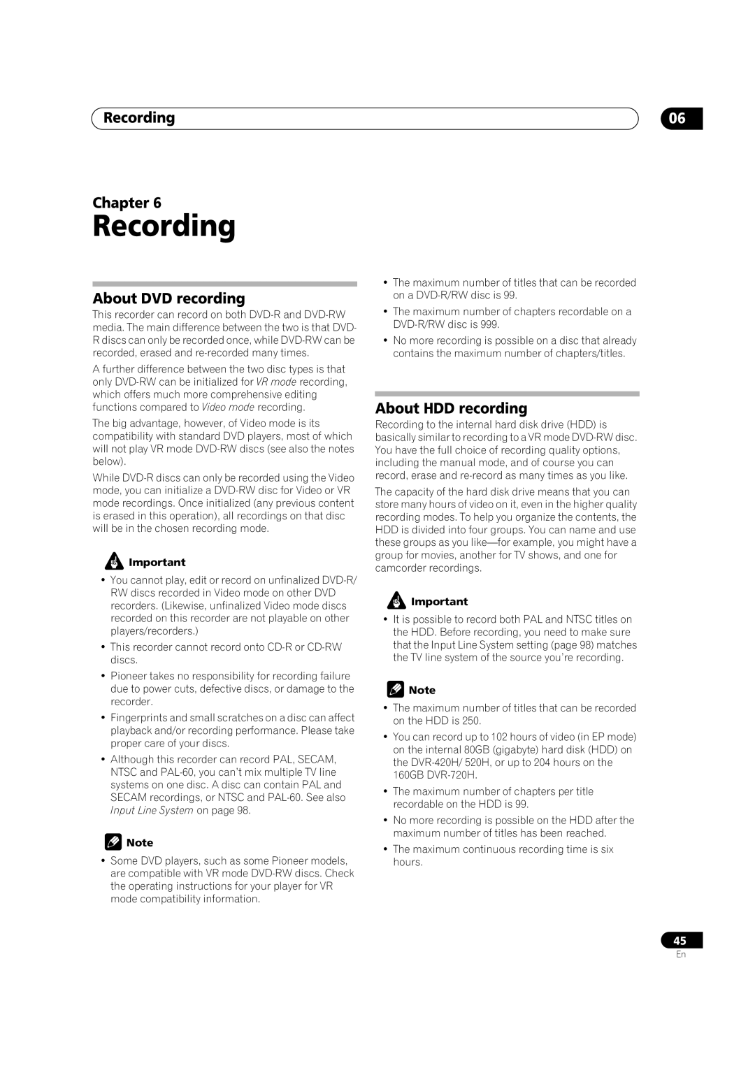 Pioneer DVR-520H, DVR-720H manual Recording Chapter, About DVD recording, About HDD recording 