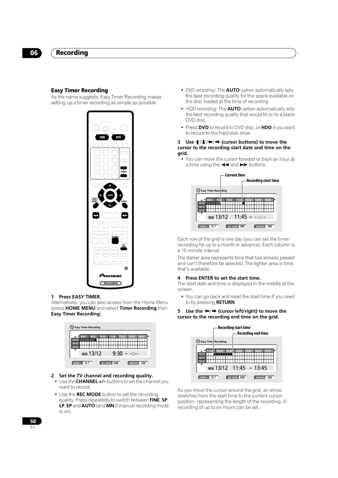 Pioneer DVR-720H, DVR-520H manual Easy Timer Recording, MON 13/12, 1145, 1345 