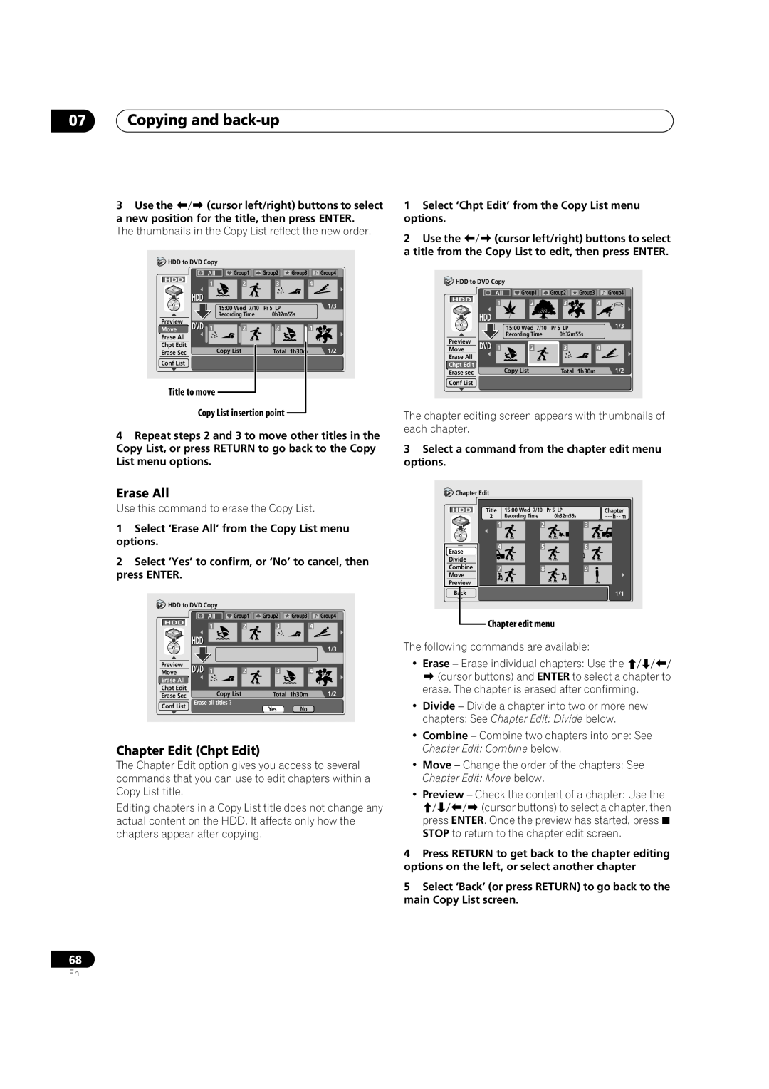Pioneer DVR-720H, DVR-520H manual Erase All, Chapter Edit Chpt Edit, Copying and back-up, Chapter Edit Combine below 