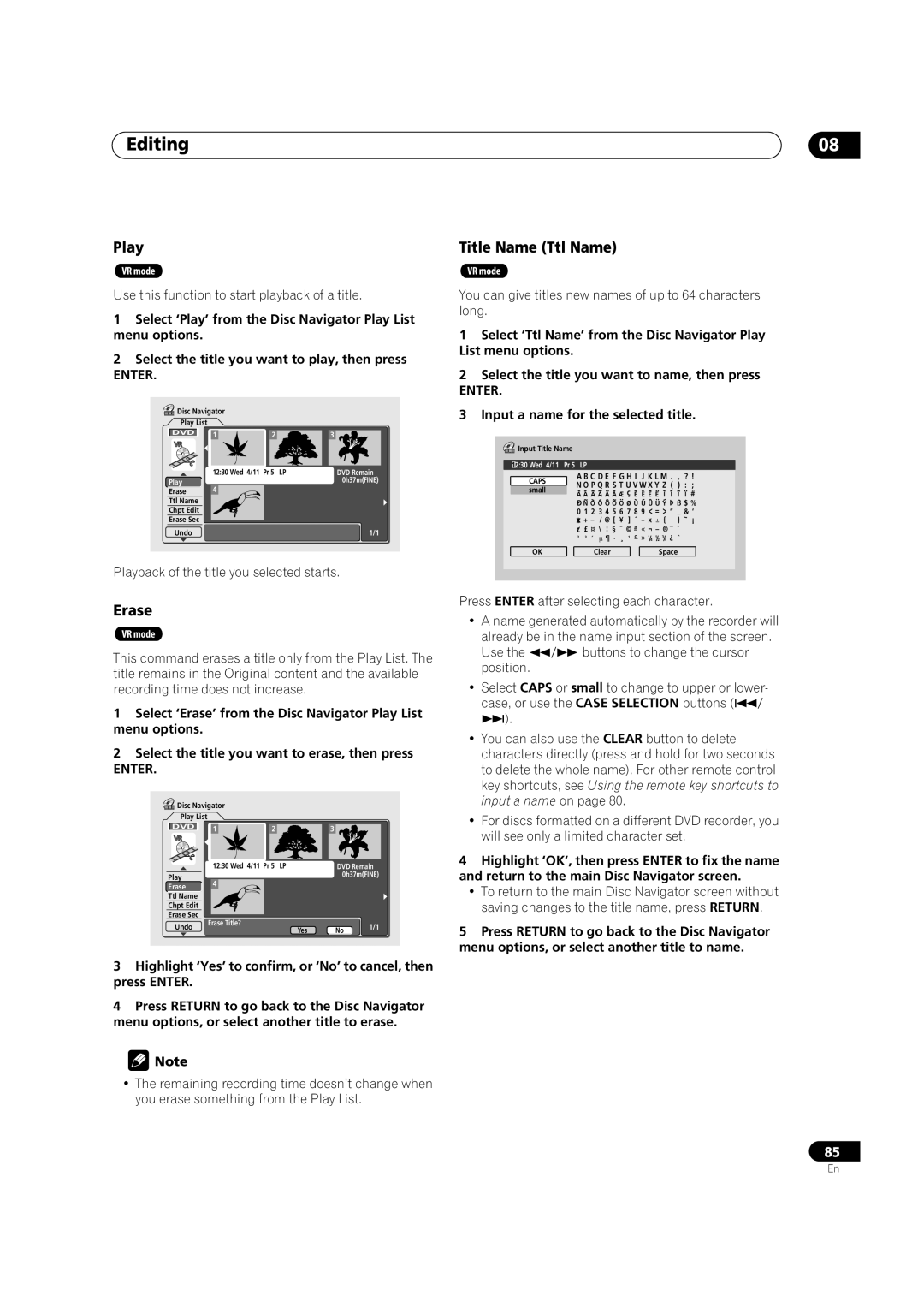 Pioneer DVR-520H, DVR-720H manual Editing, Play, Erase, Title Name Ttl Name 