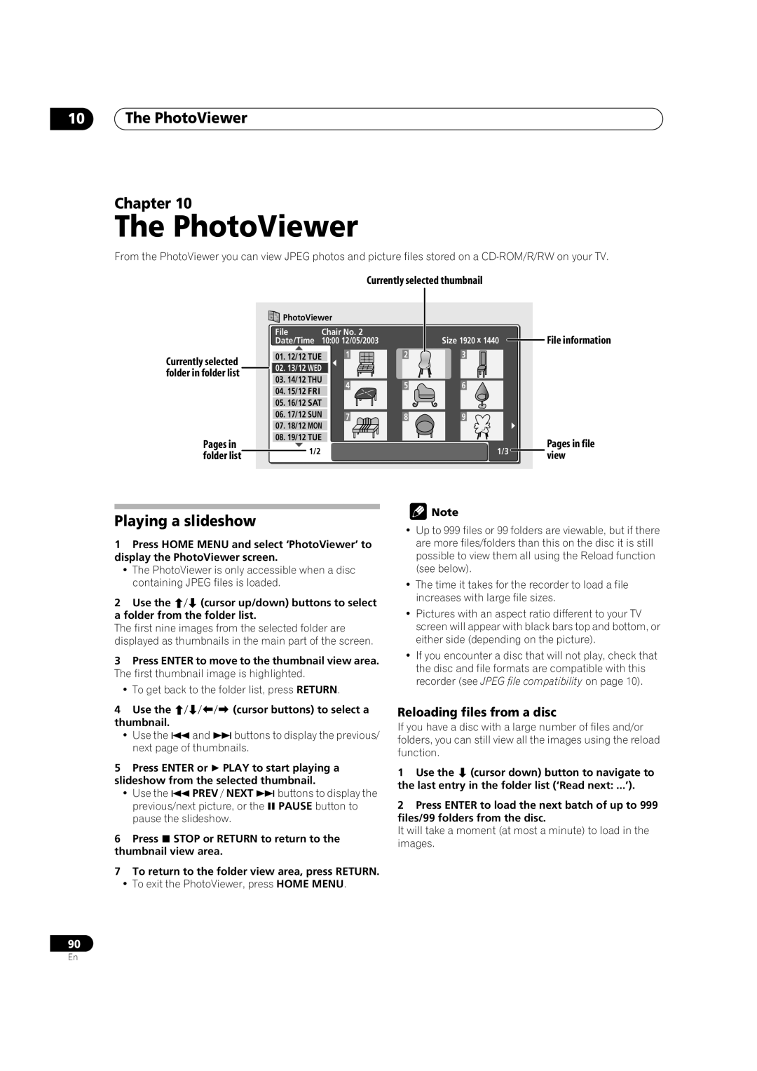 Pioneer DVR-720H, DVR-520H manual The PhotoViewer Chapter, Playing a slideshow, Reloading files from a disc 