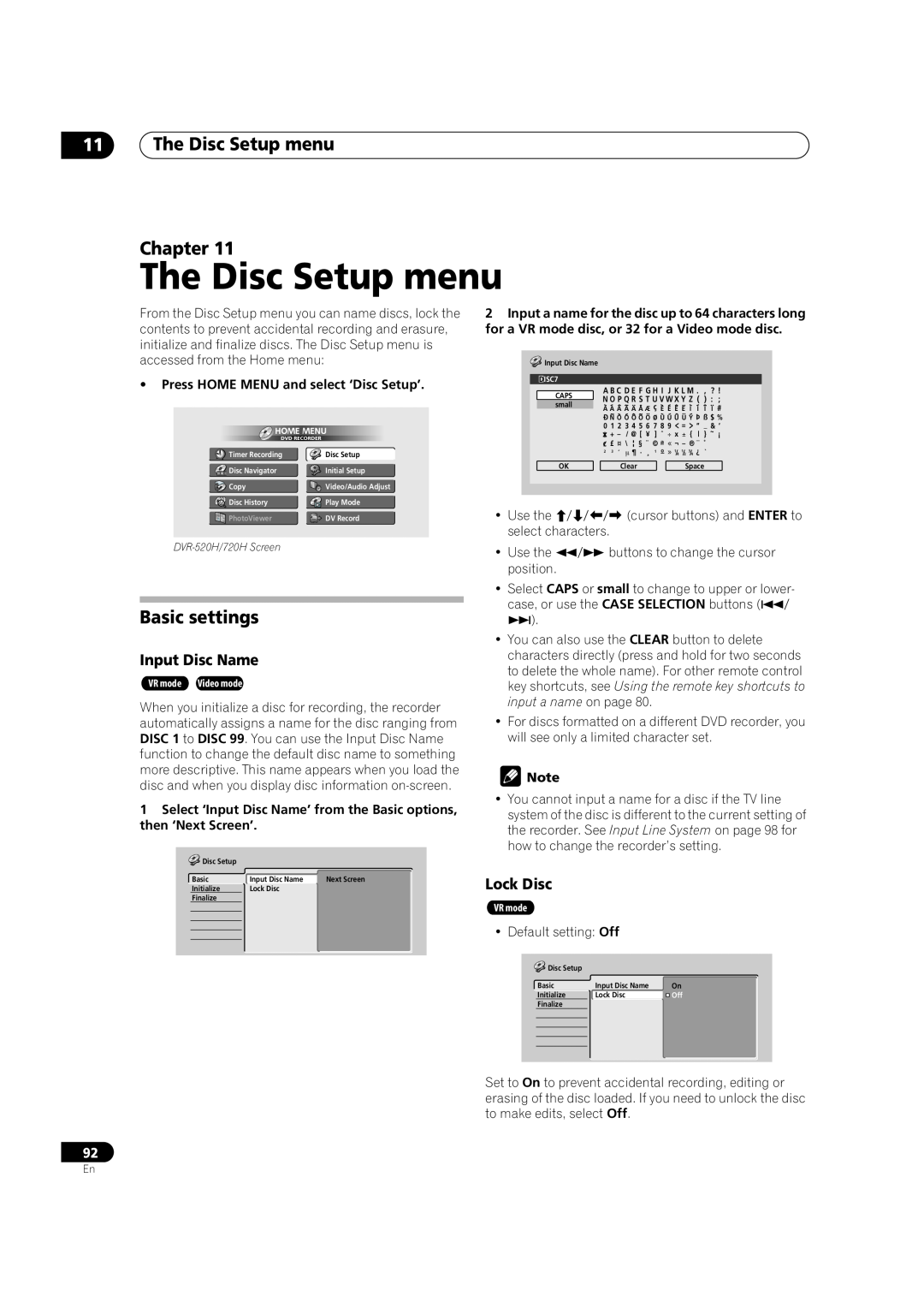 Pioneer DVR-720H, DVR-520H manual The Disc Setup menu Chapter, Basic settings, Input Disc Name, Lock Disc 