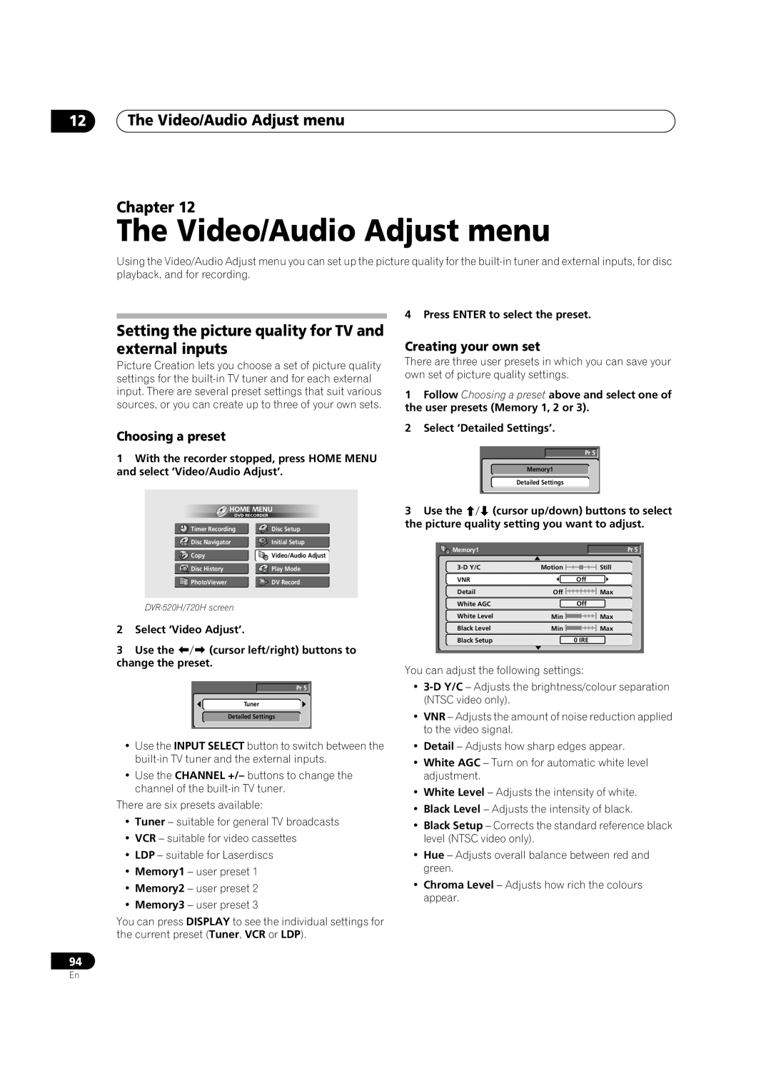 Pioneer DVR-720H, DVR-520H The Video/Audio Adjust menu Chapter, Setting the picture quality for TV and external inputs 