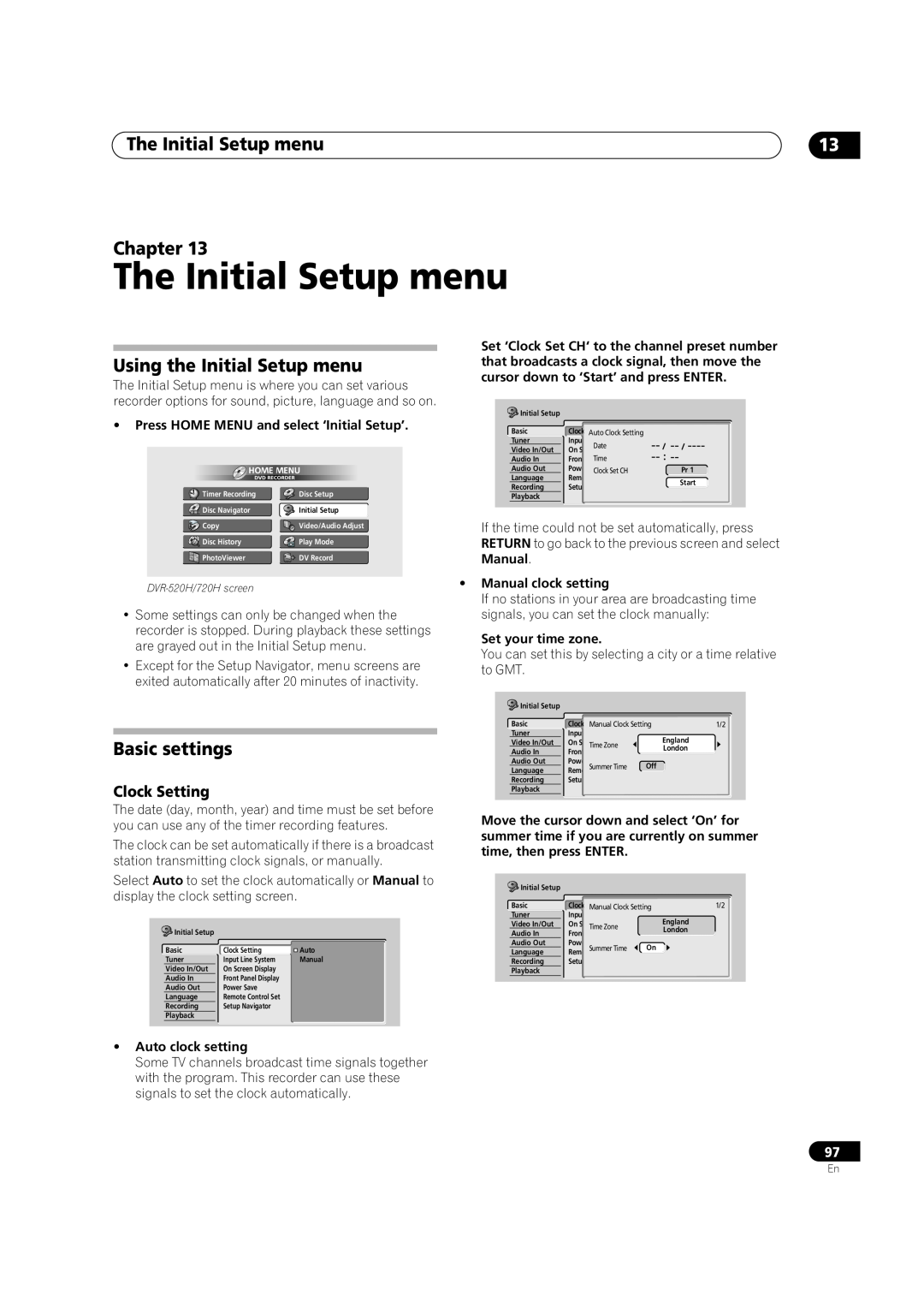 Pioneer DVR-520H, DVR-720H The Initial Setup menu, Using the Initial Setup menu, Clock Setting, Chapter, Basic settings 
